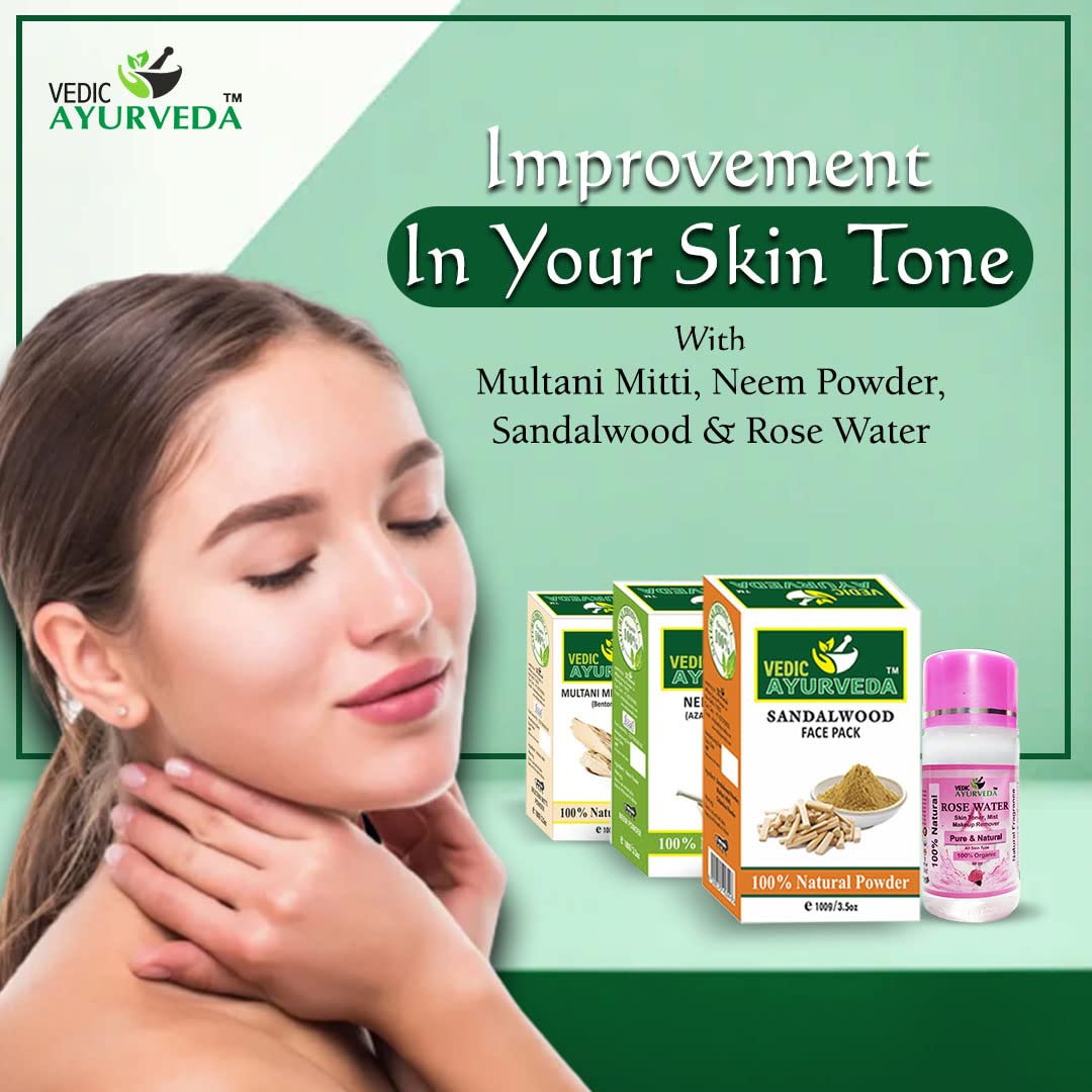 VEDICAYURVEDA Multani Mitti, Neem & Sandalwood Face Pack for Glowing Skin - Natural Clay Mask with Rose Water for Skin Brightening, Acne Control & Pore Refining | Daily Skincare & Face Toner for Radiant Complexion | Perfect for Oily Skin, Blackhead Removal & Evening Skin Routine
