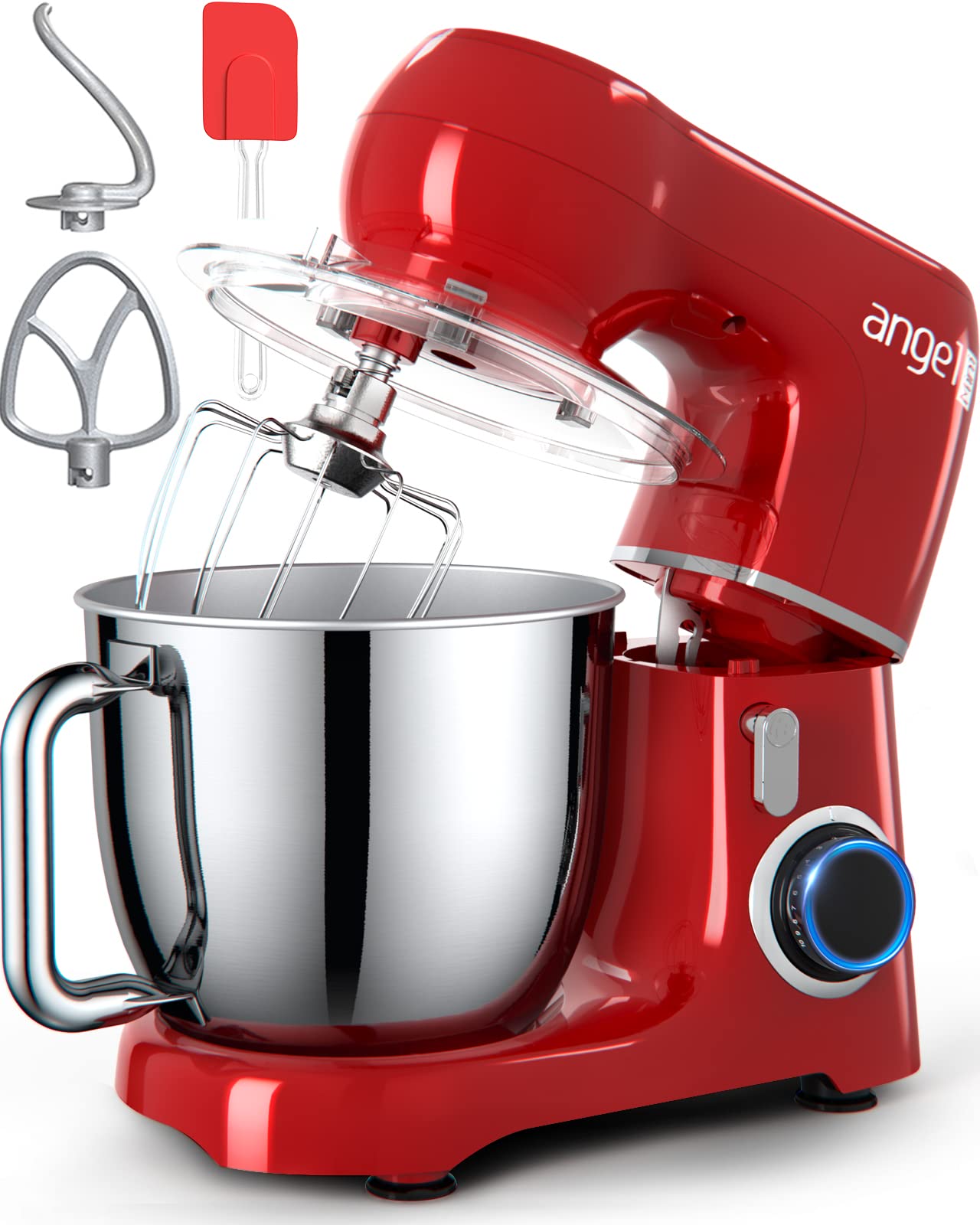 5.5QT Mini Angel Electric Stand Mixer with Dough Hook, Flat Beater & Wire Whisk - 10+ Speeds, Splash Guard, Red Color & DIY Stickers - Perfect for Baking Cakes, Cookies & Bread at Home