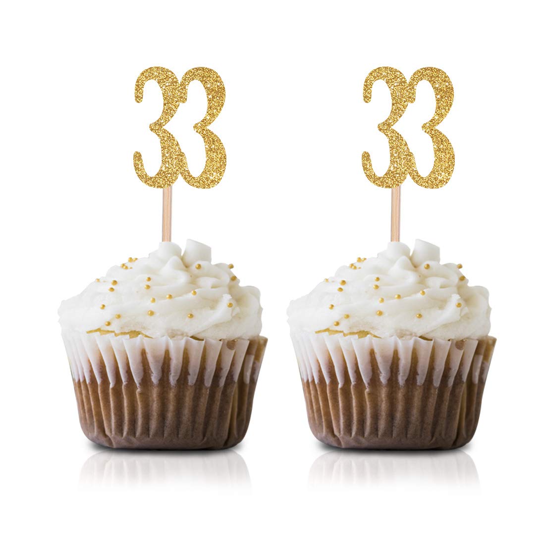 Gold Happy 33rd Birthday Cupcake Toppers - 24-Pack Glitter Number 33 Cake Decorations for Anniversary Parties, Milestone Celebrations & Special Occasions