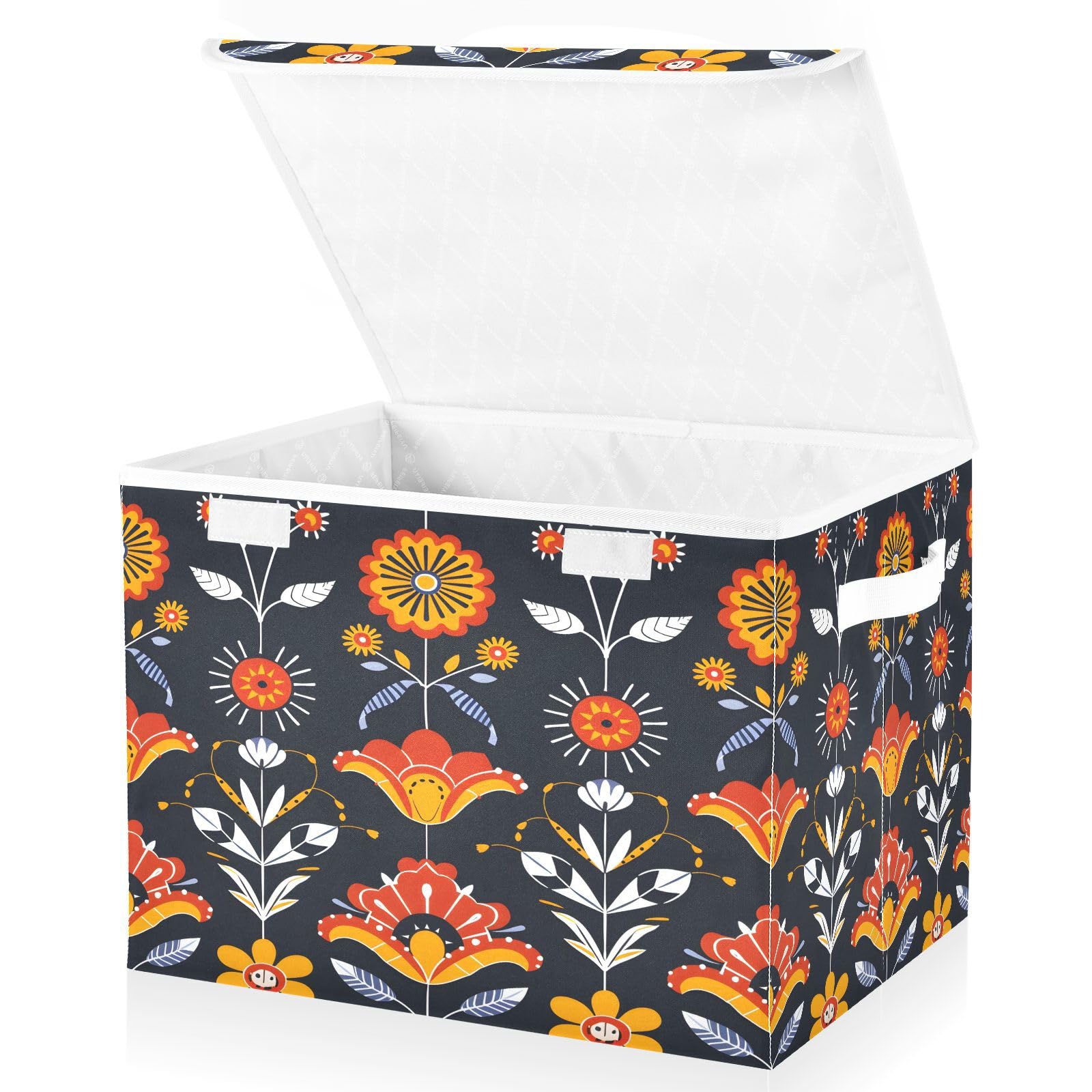 Floral Pattern Fabric Storage Bins with Lids - Foldable Collapsible Organizer Containers for Home, Bedroom, Closet & Office - Perfect for Seasonal Decor, Laundry, and Toy Storage