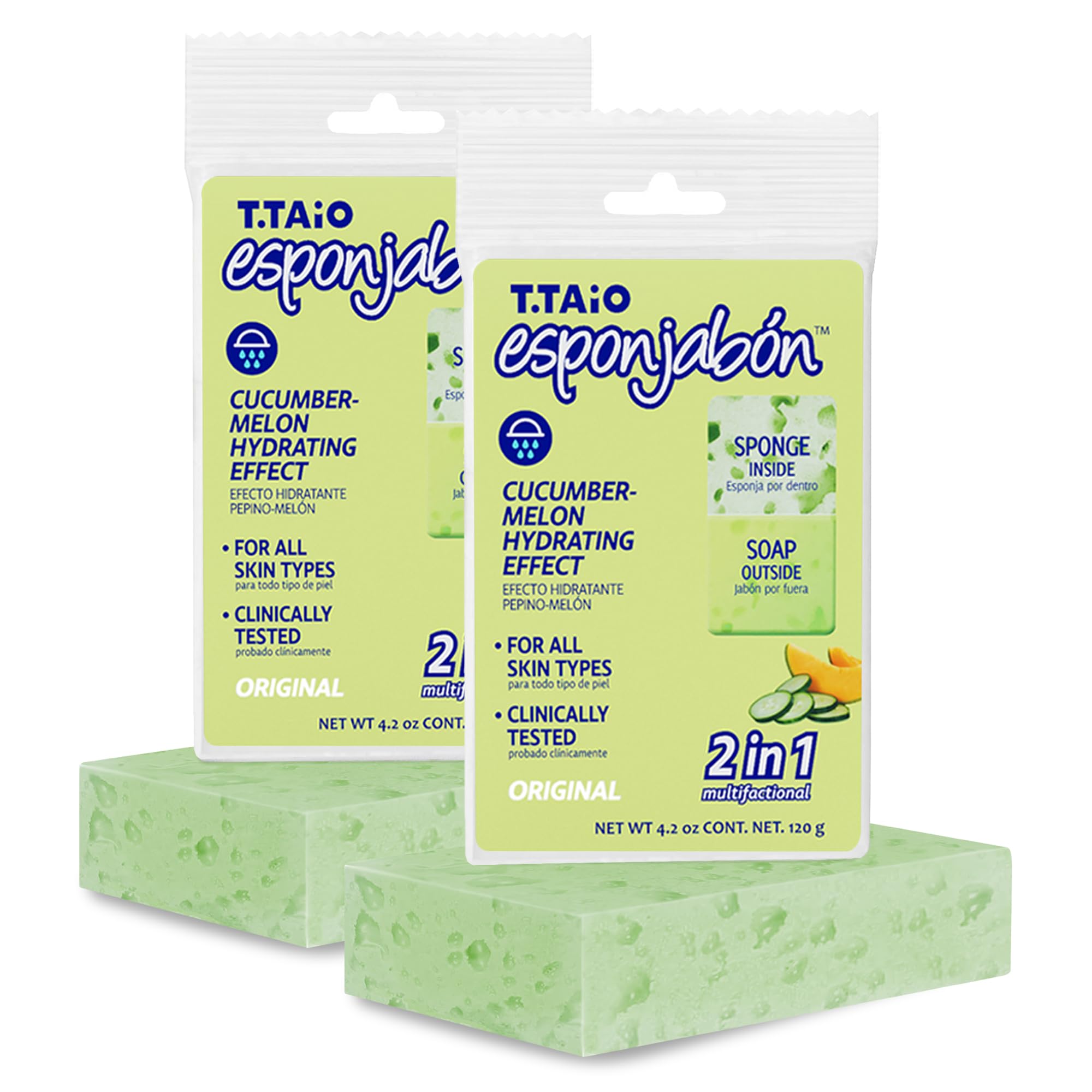 T.Taio Exfoliating Soap Sponge - Deep Cleansing Shower Scrubber for Body & Face - Oil Removal & Dead Skin Exfoliation - Massage & Lather for Feet, Elbows & Back - Cucumber Melon Scented Bath Accessories - Perfect for Spa Day & Dry Skin Care