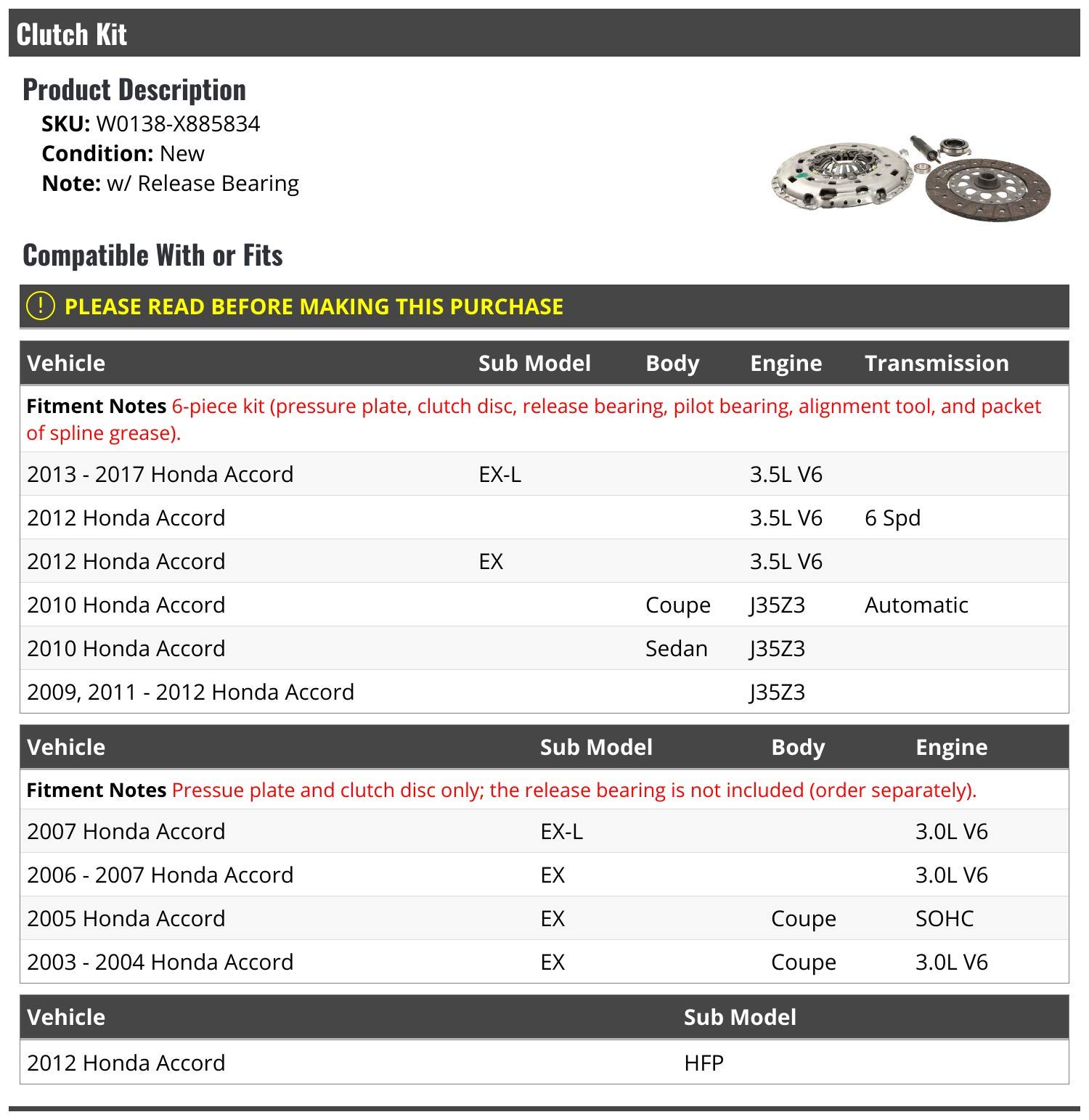 2009-2017 Honda Accord Clutch Kit - 6 Piece Replacement Set for Smooth Gear Shifting - Perfect for Daily Commuting & Performance Driving