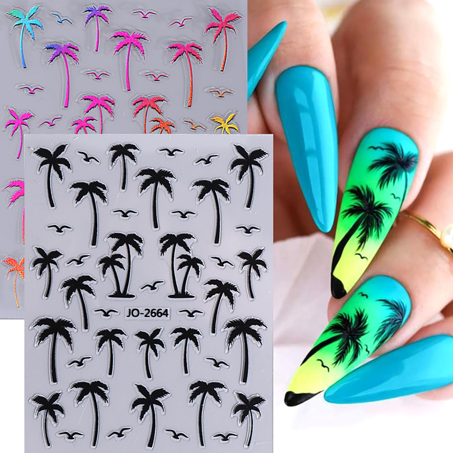8 Sheets Coconut Tree Nail Art Stickers - 3D Self-Adhesive Summer Nail Decals with Black Gold Laser, Silver & Colorful Gradient Designs - Nail Art Supplies for Women - Perfect for Beach Vacations, Pool Parties & Tropical Summer Nail Designs