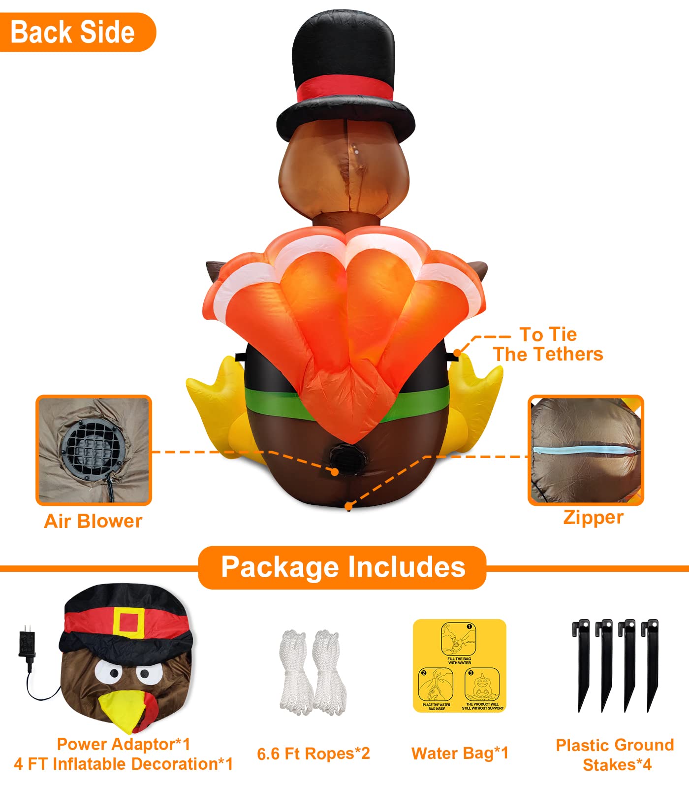 4ft Inflatable Outdoor Thanksgiving Turkey Decoration with Pumpkin & Built-in LED Lights - Holiday Yard Decoration for Lawn, Garden, Halloween & Christmas Parties | Perfect for Fall Decor & Seasonal Celebrations
