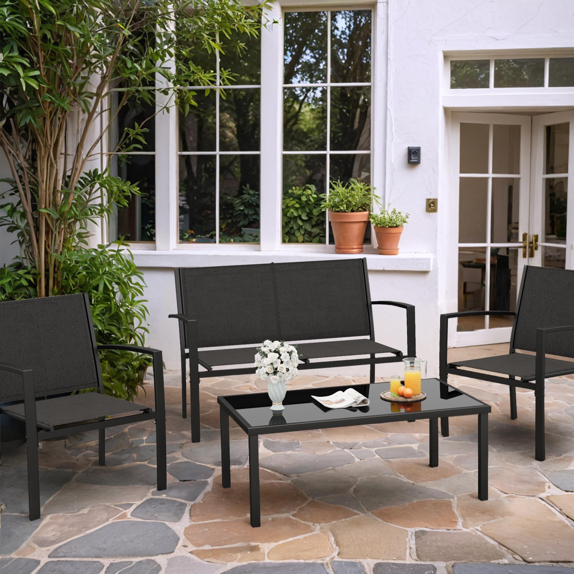 Rankok 4-Piece Modern Outdoor Patio Furniture Set - Textilene Conversation Set with Loveseat & Coffee Table - Black Patio Chairs for Porch, Lawn, Poolside & Balcony - Perfect for Backyard Relaxation & Outdoor Entertaining