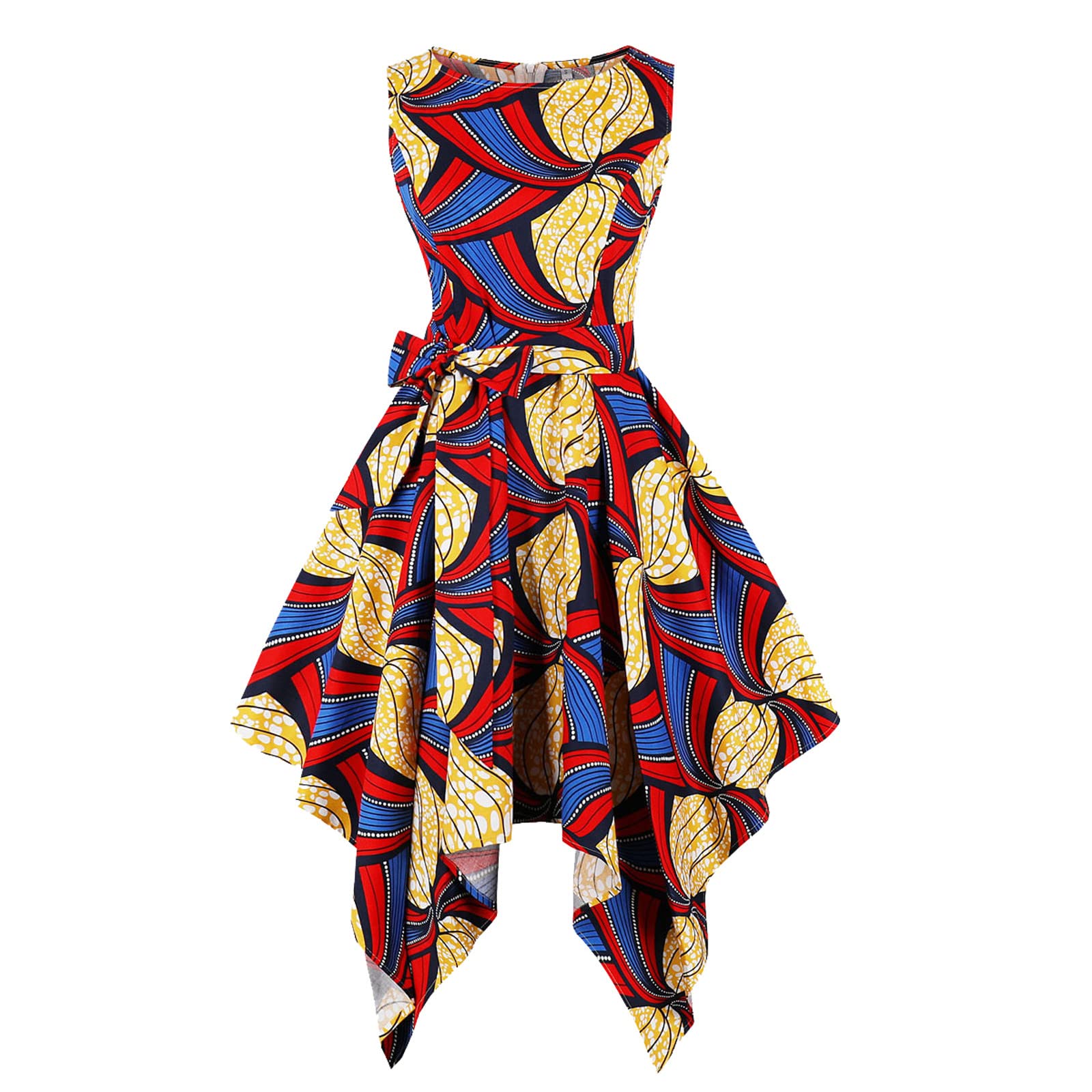 Women's Sleeveless Ethnic Print Swing Dress with Irregular Hem - Elegant Summer Party Dress for Slim Waist | Perfect for Beach Vacations, Cocktail Parties & Date Nights