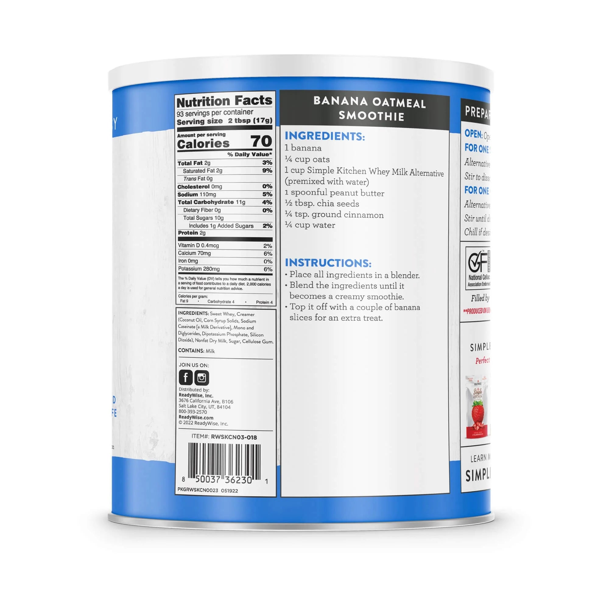 ReadyWise Simple Kitchen Whey Milk Alternative Powder - 93 Servings Canister | Emergency Food Supply, Camping & Survival Essentials