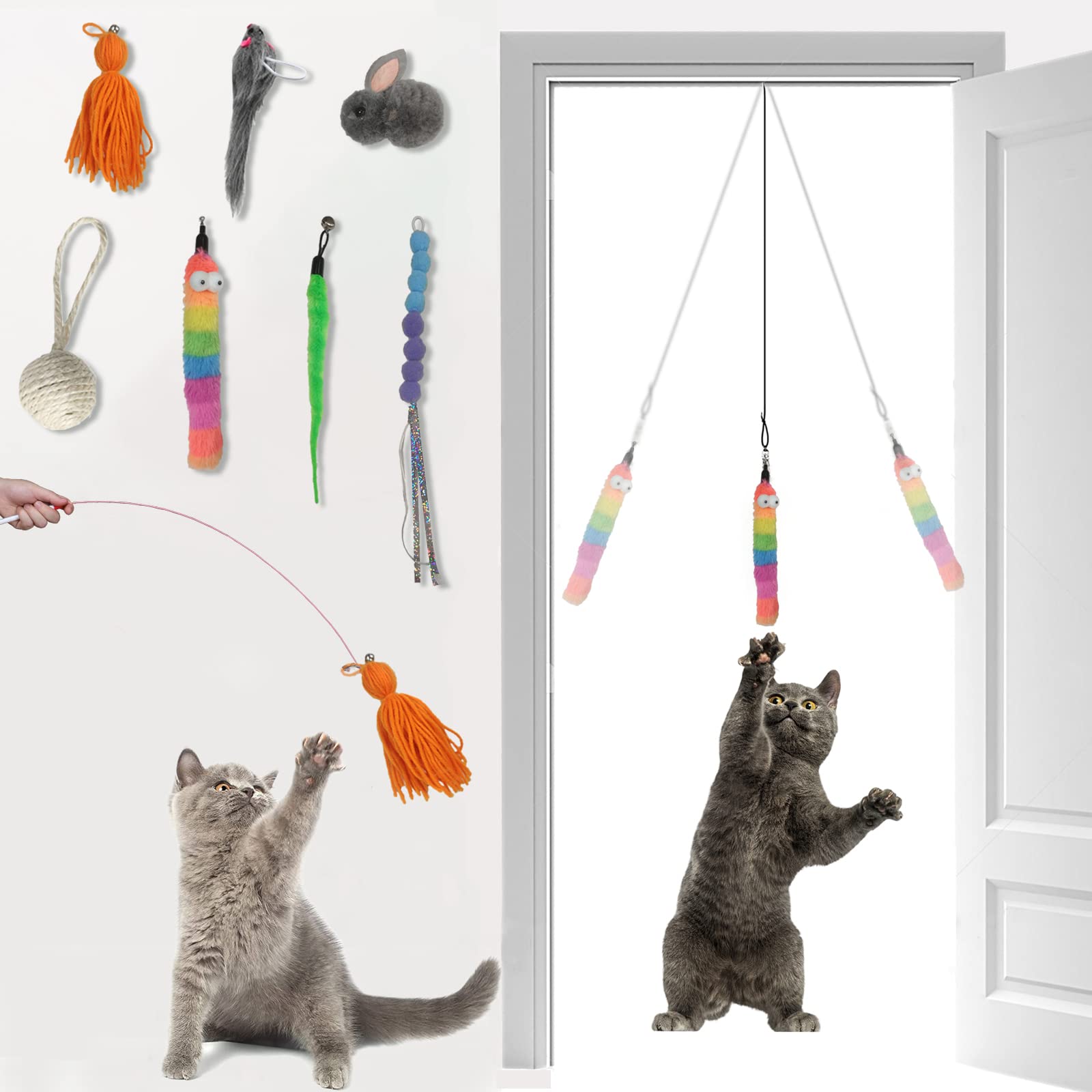Interactive Cat Toys Door Hanging Set - 9PCS Replaceable Elastic String Mouse Toys for Indoor Cats & Kittens | 2 Play Modes for Exercise & Entertainment | Perfect for Playtime, Training & Boredom Relief