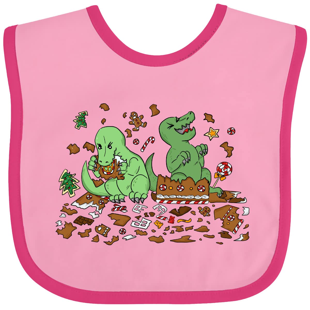 Inktastic Tiny Dinosaurs Ruining Gingerbread House Baby Bib - Cute Dinosaur Design Drool Bib for Infants & Toddlers - Perfect for Feeding Time, Playtime & Holiday Photos