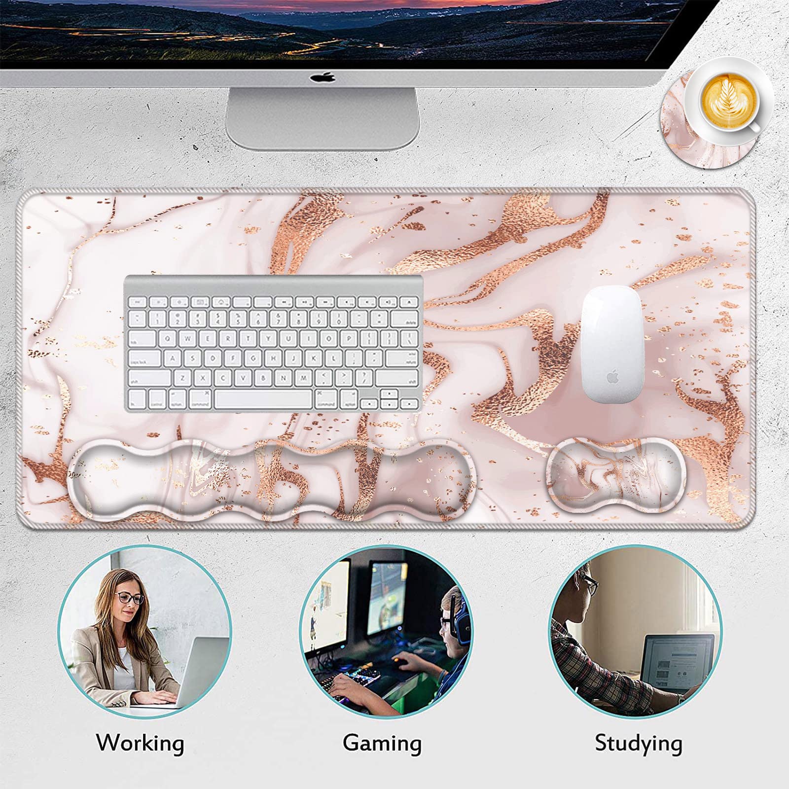 Premium Mouse Pad Set - 31.5×11.8 Inch Large Desk Mat with Keyboard & Mouse Wrist Rest Support + Coaster - Rose Gold Marble Design for Office, Home, Computer & Laptop Use - Perfect for Gaming, Work & Study Sessions