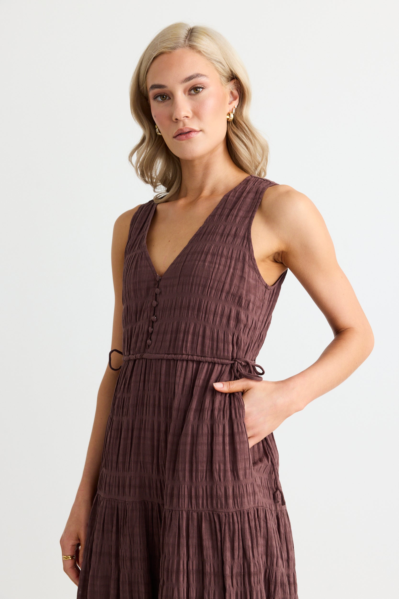 Flora Chocolate V-Neck Tie-Front Sleeveless Tiered Maxi Dress for Women | Summer Beach Wedding Party Dress | Perfect for Vacations, Date Nights & Special Occasions