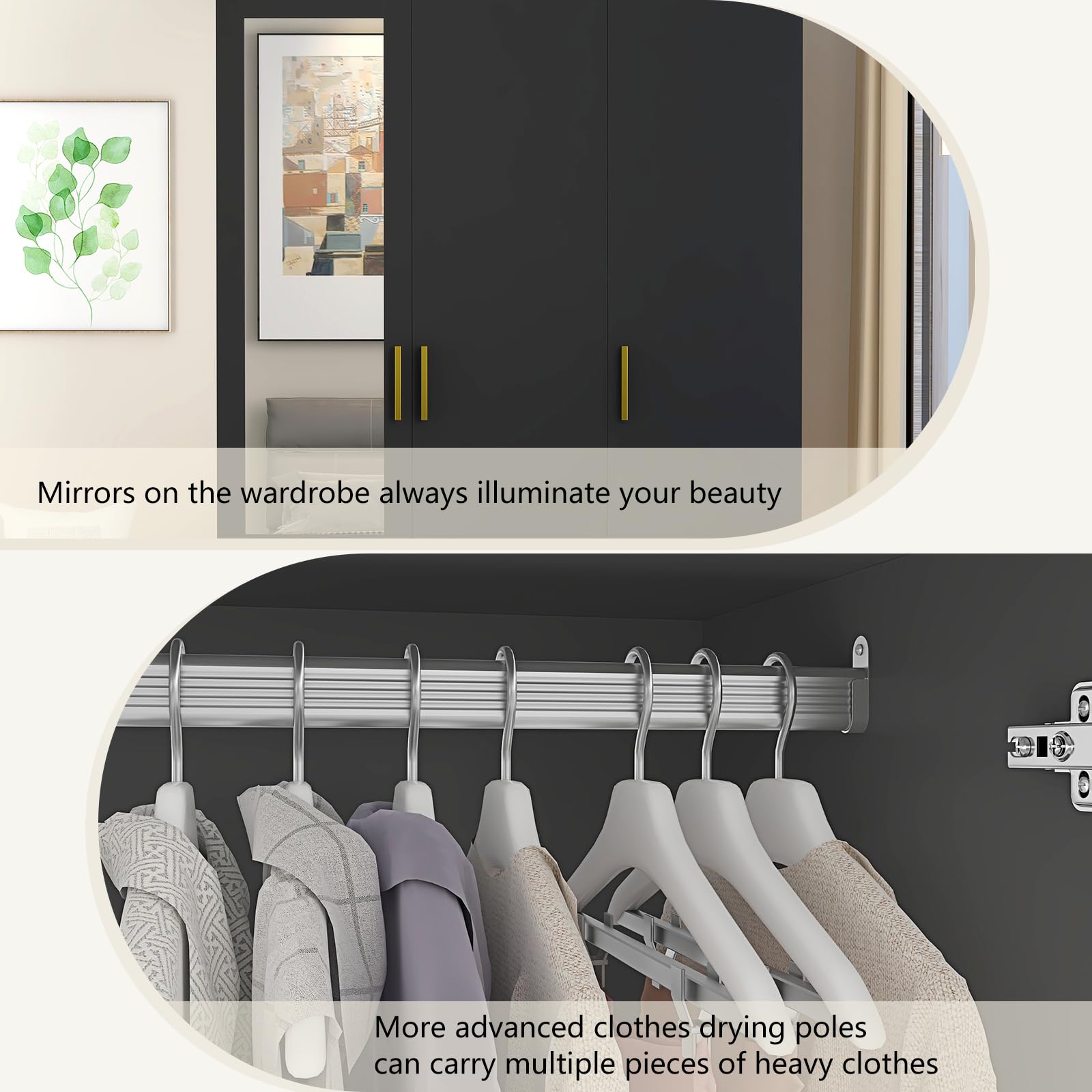 Modern 3-Door Wardrobe Closet with Full-Length Mirror & LED Lights - Wooden Armoire with Drawers, Shelves & Hanging Rod - Black Bedroom Storage Solution for Clothes, Shoes & Accessories | Perfect for Master Bedroom, Guest Room or Dorm Organization