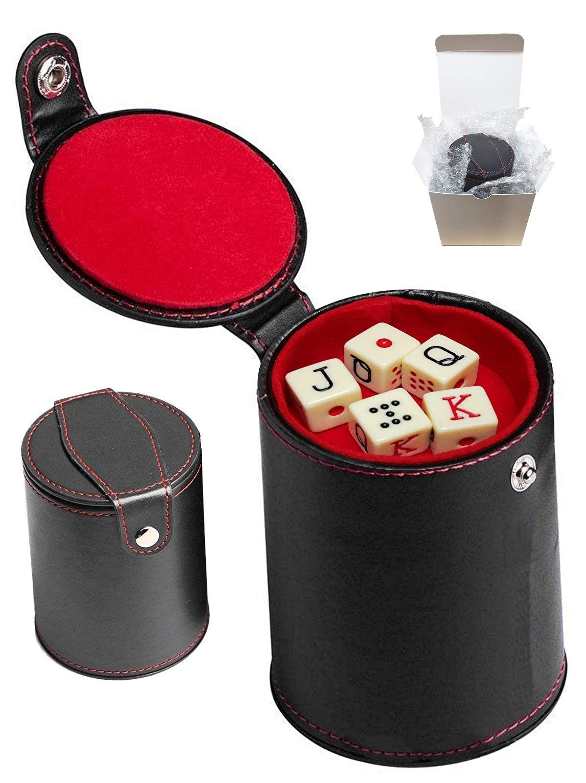 Black PU Leather Dice Cup Set with 5 Poker Dice - Gift Boxed for Poker & Board Games
