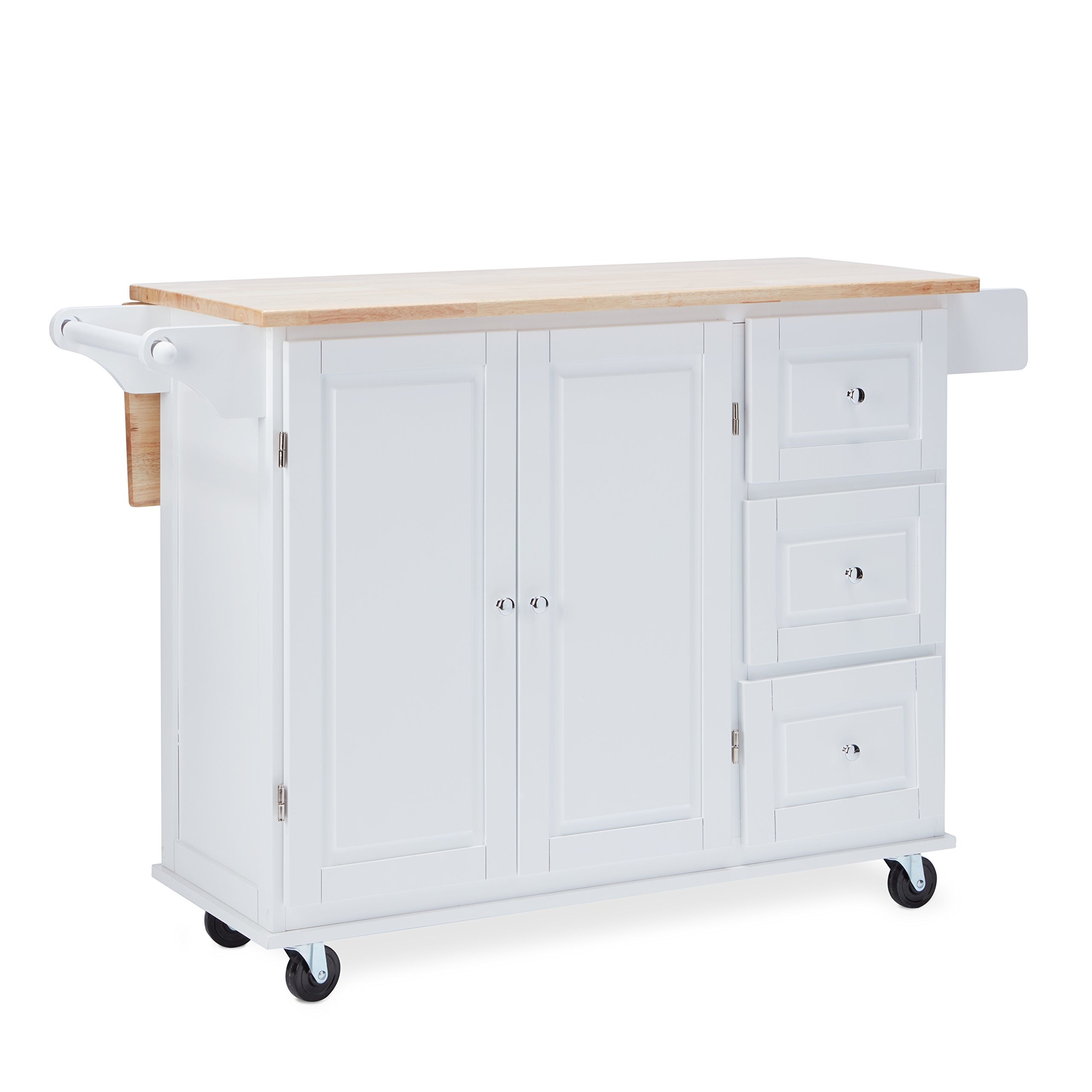 Traditional Chrome Metal 3-Drawer Drop Leaf Kitchen Cart - White/Natural Finish | Space-Saving Kitchen Island with Storage for Small Apartments & Dining Areas