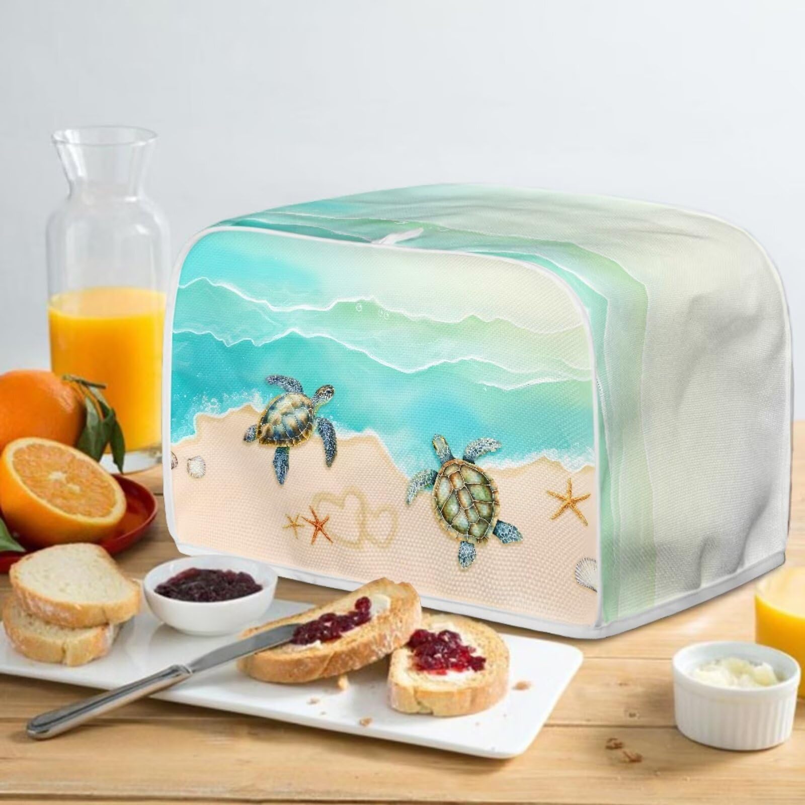 Sea Turtle Print Toaster Oven Cover - Starfish Beach Design Dust Protector for 2-Slice Toasters - Anti-Dust & Fingerproof Bread Maker Machine Cover in Green & Brown - Perfect for Kitchen, Beach House & Coastal-Themed Decor