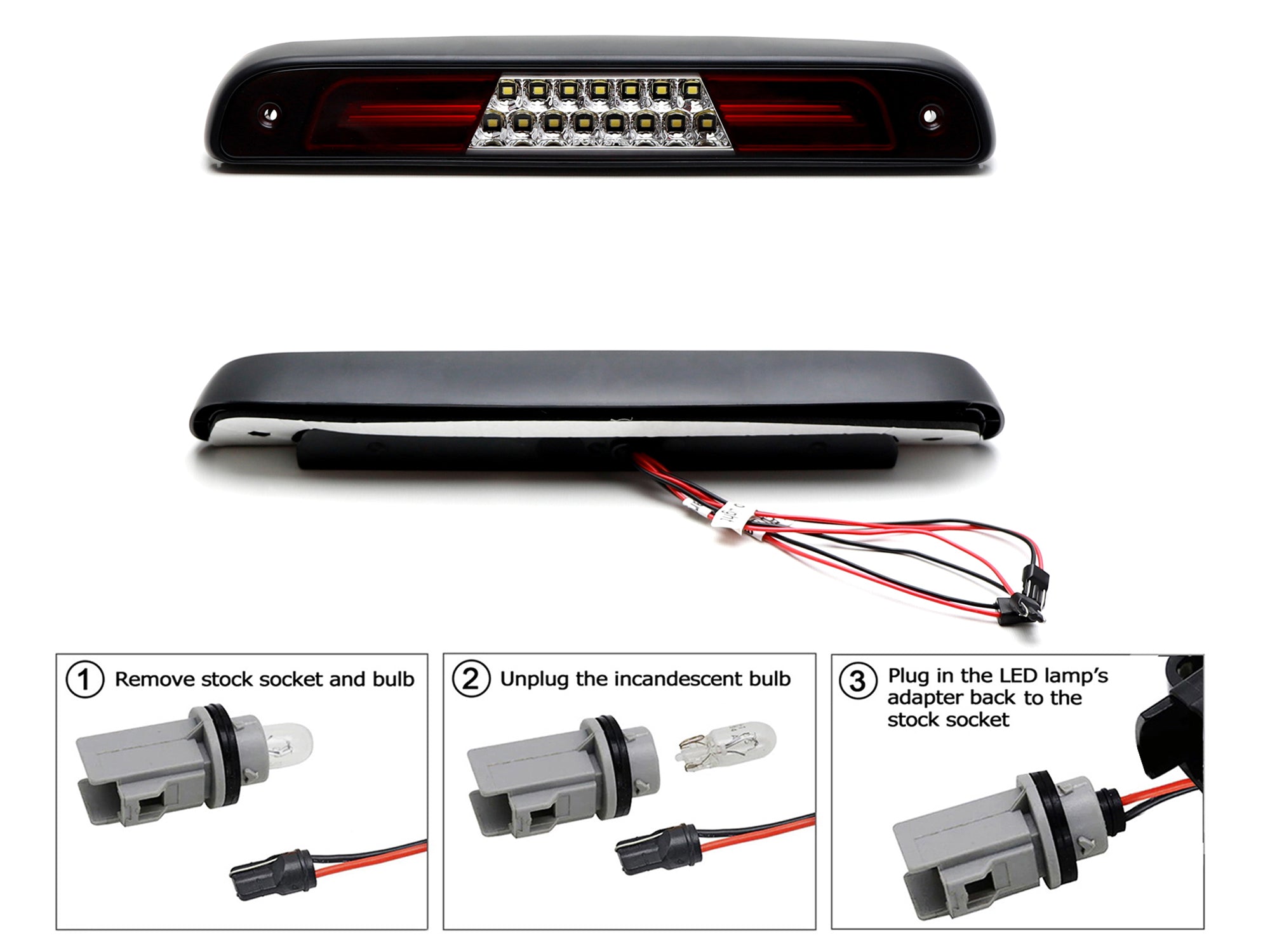 Dark Red Lens Double C Ring Full LED High Mount Third Brake Light for 1999-2016 Ford F250 - Enhanced Safety & Style for Pickup Trucks & Towing
