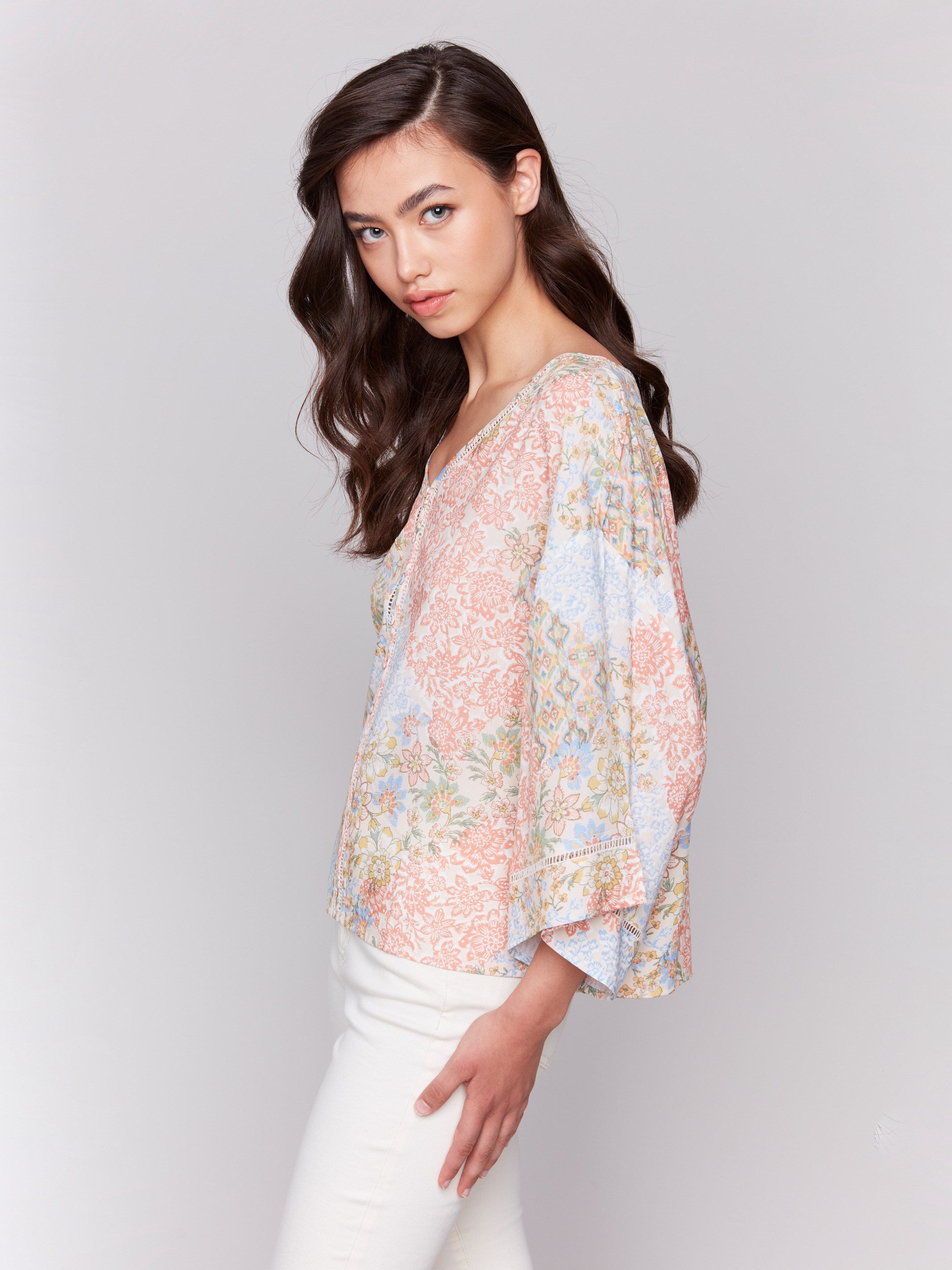 Floral Printed 3/4 Sleeve Blouse with Ladder Stitch Detail - Women's Fashion Top for Office Wear & Casual Outings
