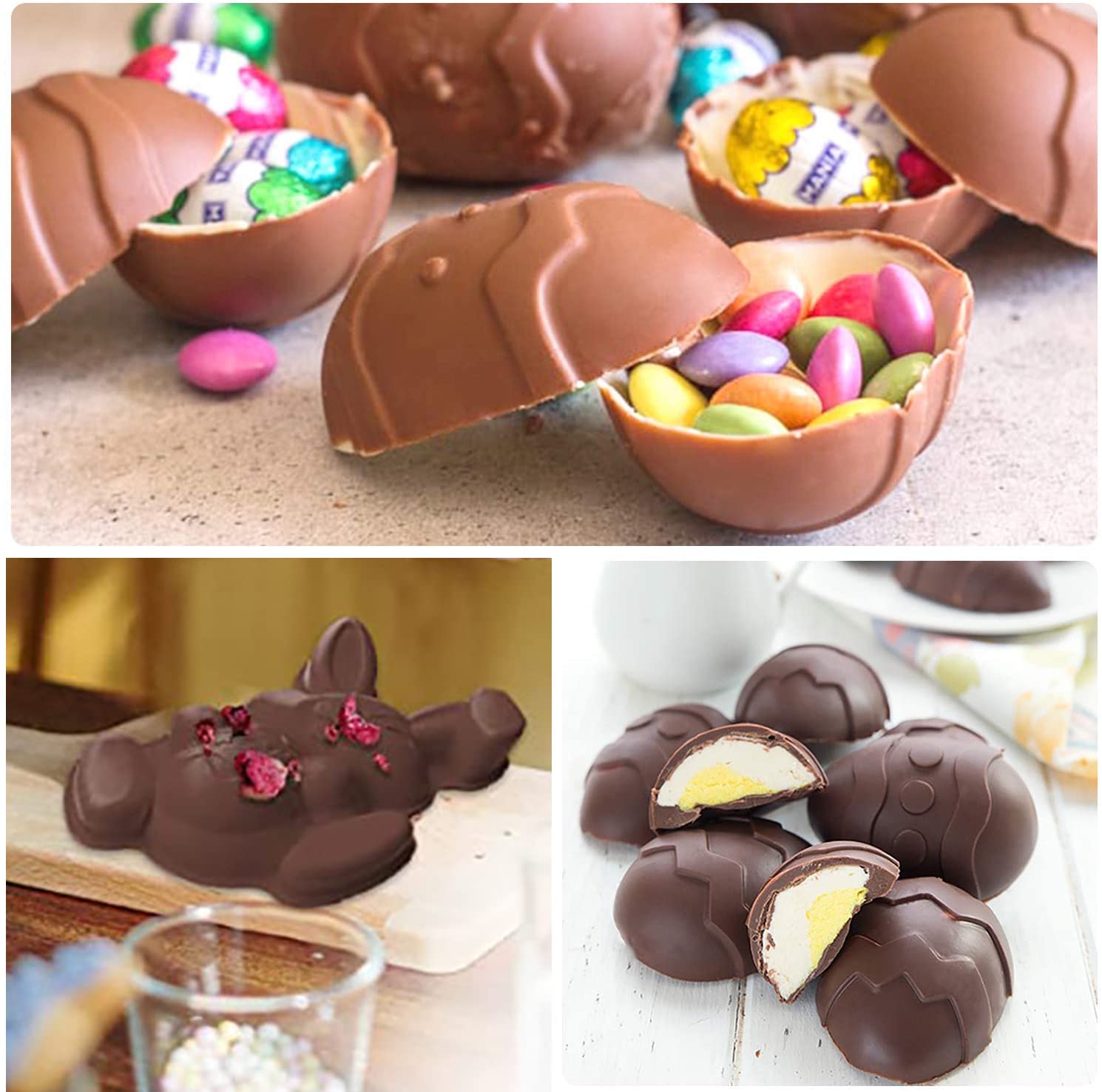 3Pcs Large Bunny Silicone Mold Set - 3D Rabbit Easter Egg Cake Chocolate Candy Jello Cocoa Bombs Baking Molds with 2 Wooden Hammers - Perfect for Easter Decorations, DIY Desserts & Holiday Baking