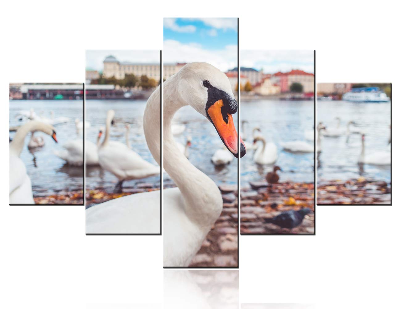 White Swan Playing in Water Canvas Wall Art - 5 Panel Modern Living Room Decor Paintings for Bedroom, Kitchen, Bathroom & Office | Home & Office Wall Decor