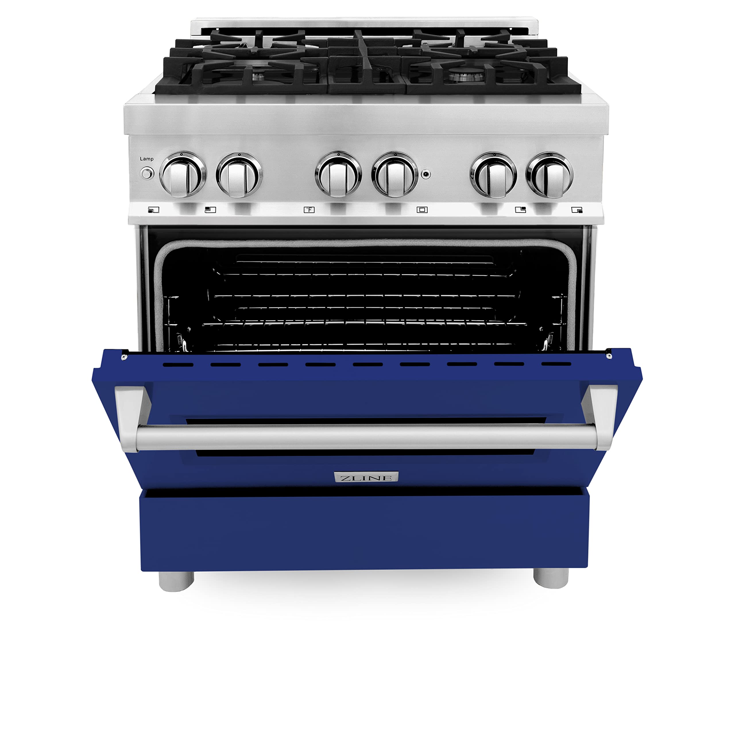 ZLINE 30 Inch 4.0 cu ft Stainless Steel Dual Fuel Range with Blue Gloss Door - 4 Burner Gas Cooktop & Electric Convection Oven for Professional Home Cooking | RA-BG-30 | Perfect for Modern Kitchens & Gourmet Chefs
