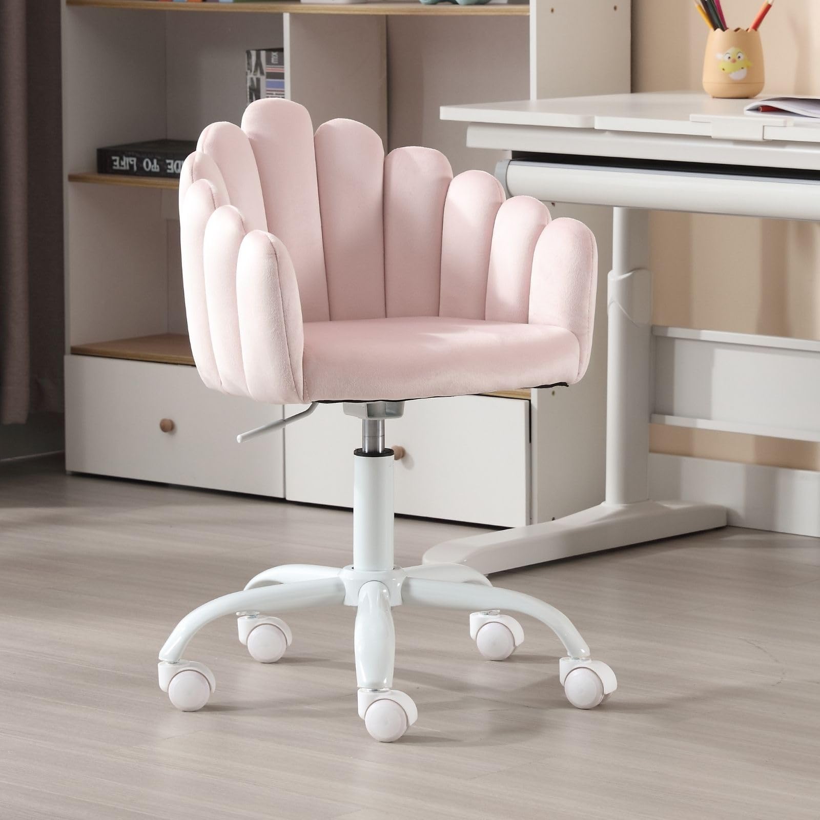 LukeAlon Kids Swivel Desk Chair - Adjustable Velvet Study Chair with Rolling Wheels & Arms, Comfortable Upholstered Teen Vanity Chair for Home, Bedroom & School (Pink) - Perfect for Studying, Gaming & Relaxing