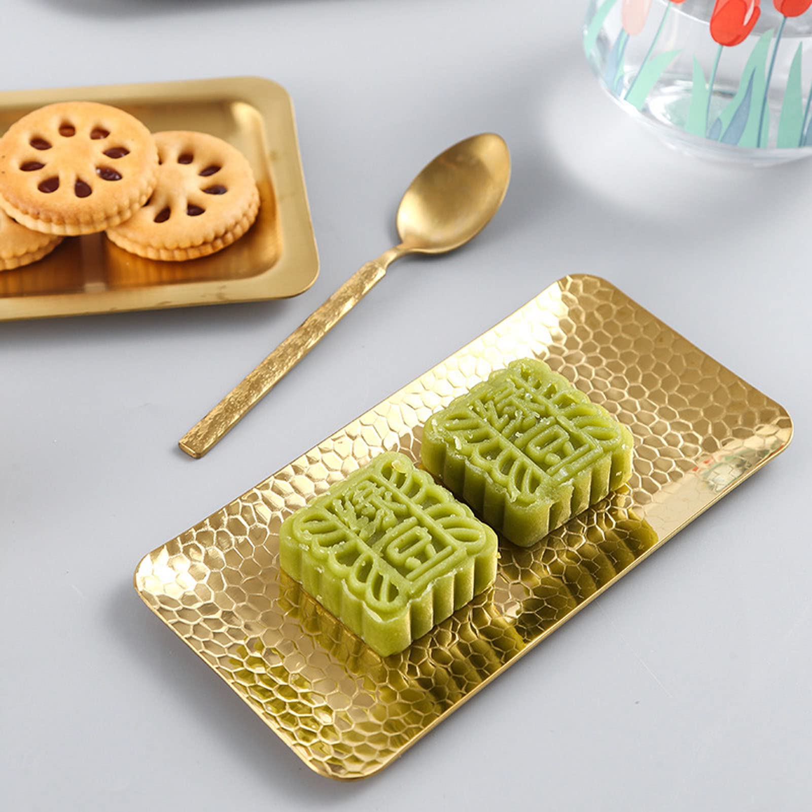 Stainless Steel Hammered Rectangular Decorative Tray 19.5x9.5cm - Gold Kitchen Serving Tray for Living Room, Bedroom, Bathroom | Perfect for Entertaining, Food Display & Home Decor