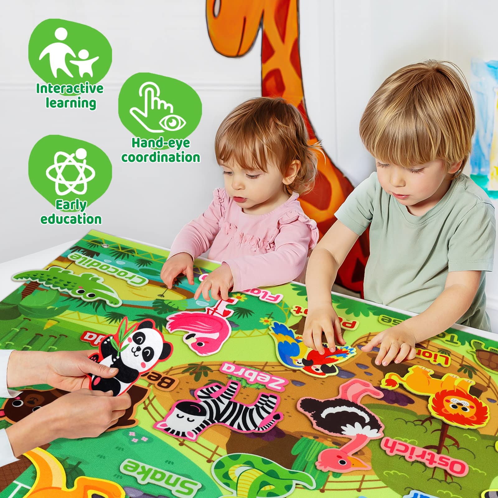 43x28 Inch Zoo Animals Felt Story Board Set - 41Pcs Jungle Animals Flannel Board for Preschool Learning | Interactive Storytelling Teaching Kit | Thick Felt Play Activity for Kids Classroom & Homeschool
