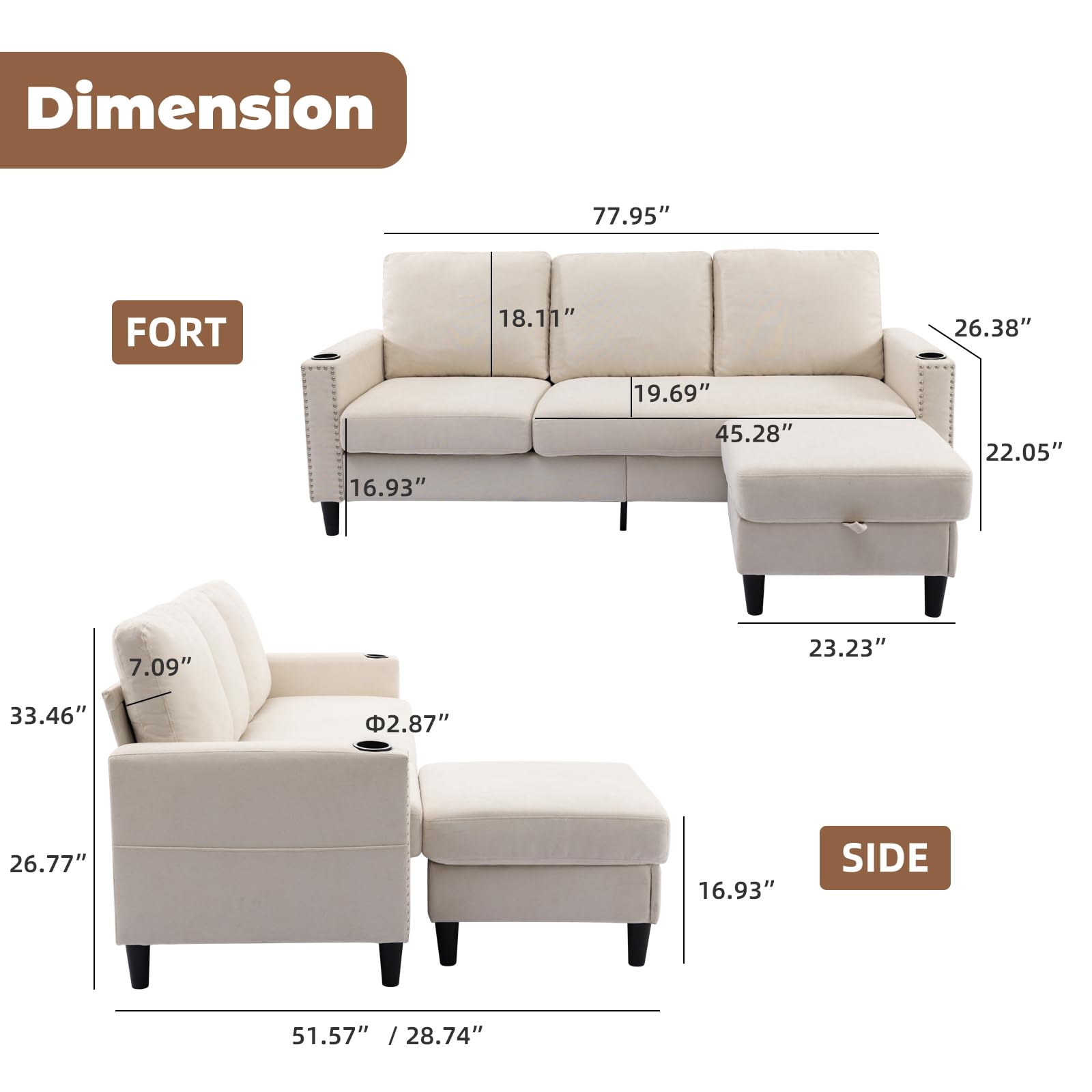 Convertible Sectional Sofa with Storage Chaise - 3-Seater L-Shaped Couch for Small Spaces, Apartment Living Room Furniture - Beige Modern Sleeper Sofa with 2 Cup Holders - Perfect for Studio Apartments, Dorms & Compact Homes