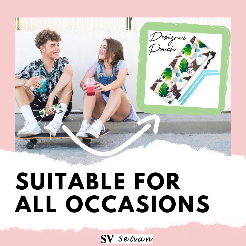 SEIVAN STRAWS 10-Pack Large Silicone Drinking Straws - Reusable Straws for Milkshakes, Smoothies, Boba Tea - Fits 20oz & 30oz Tumblers Like Yeti - Includes 1 Designer Pouch, 10 Straws & 2 Cleaning Brushes - Perfect for Home, Office, Travel & Outdoor Activities