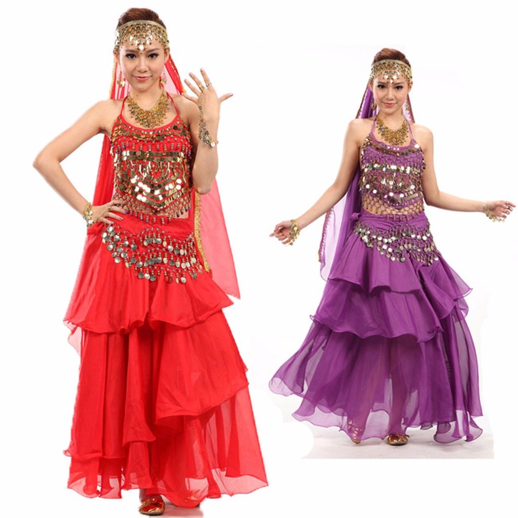 Pilot-Trade Professional Belly Dance Costume Set with Sequins, Beads & Bells - Gold Coin Top Belt & Dark Pink Skirt for Performances, Dance Classes & Cultural Events