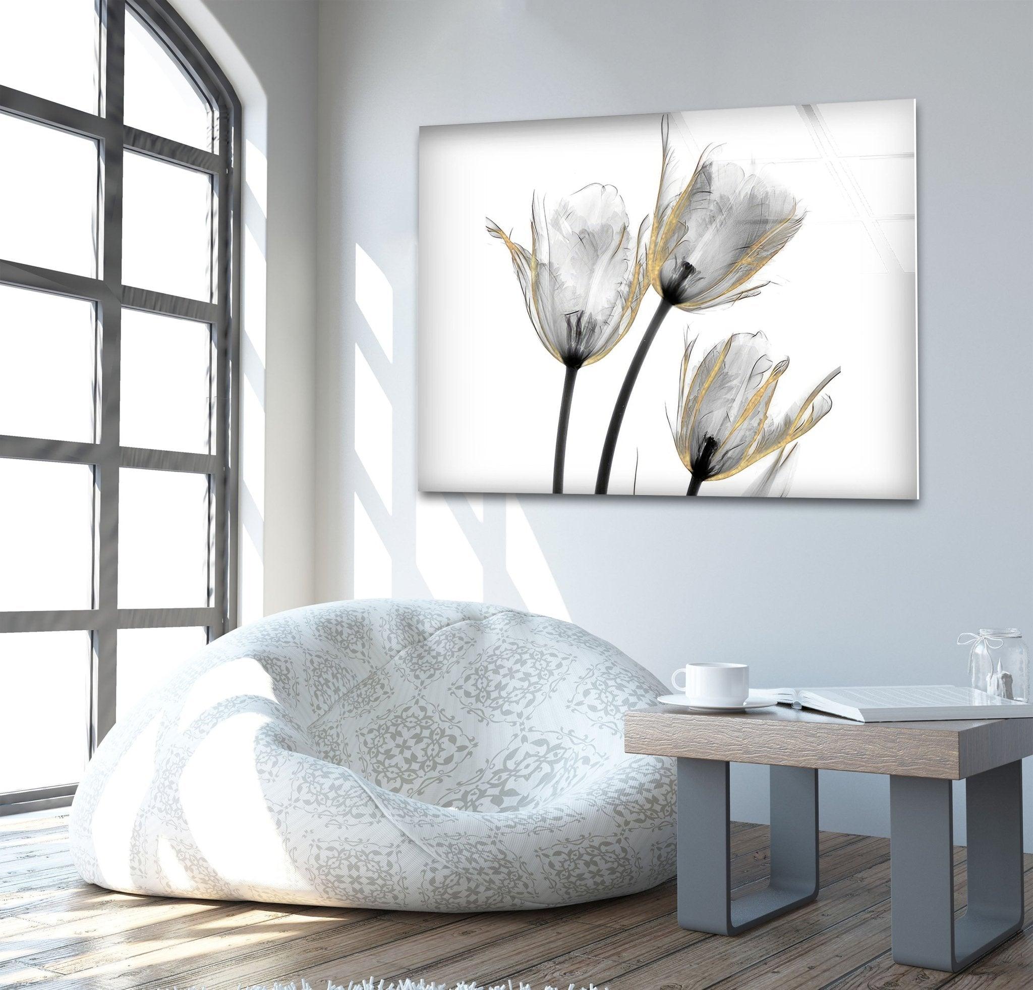Albert Koetsier Gold Embellished Tulips Glass Wall Art - Handcrafted Floral Home Decor for Living Room, Bedroom & Office - Elegant Gift Idea for Housewarming & Wedding