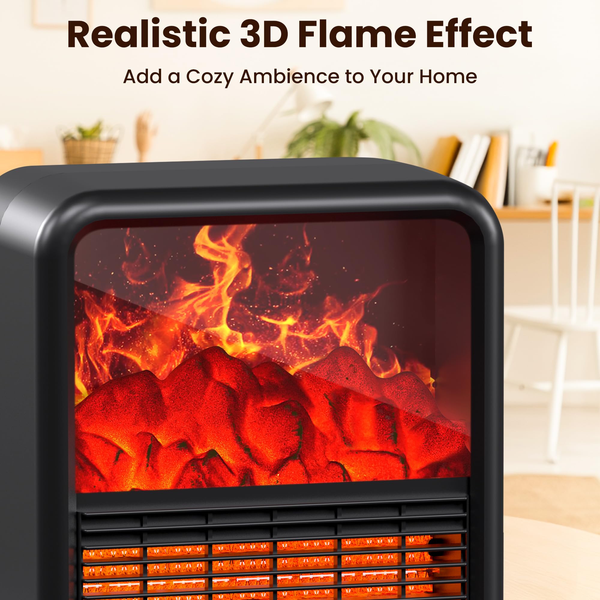 Small Portable Space Heater with Realistic 3D Flame - 1500W/750W PTC Ceramic Heater, Thermostat & Tip-Over Protection - Mini Electric Fireplace for Bedroom, Office & Indoor Use - Black