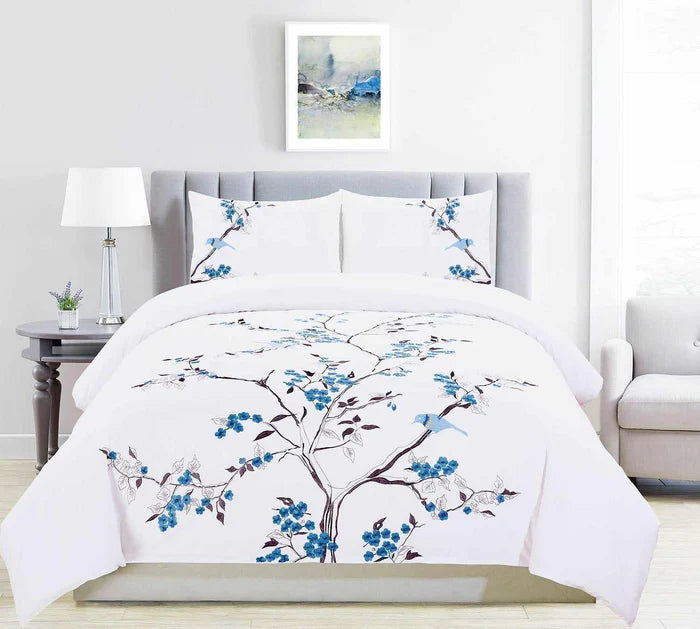 Premium Cotton Cherry Blossom Floral Embroidered Duvet Cover Set - Soft Bedding for Spring & Summer - Perfect for Master Bedroom, Guest Room & Dorm Decor