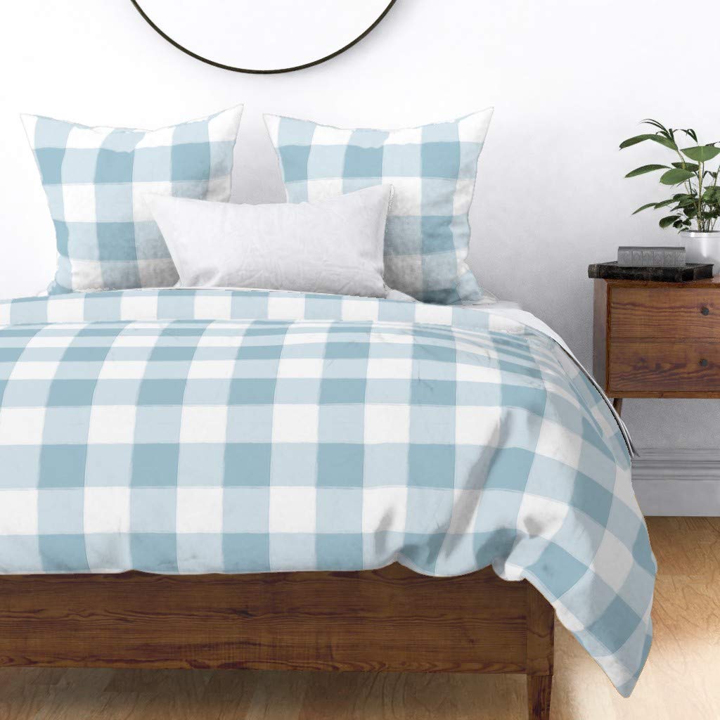 Soft Cotton Sateen Duvet Cover Twin Size - Buffalo Plaid Blue Gingham Checkered Pattern Bedding Set | Perfect for Kids' Rooms, Guest Bedrooms & Cozy Farmhouse Decor by Spoonflower