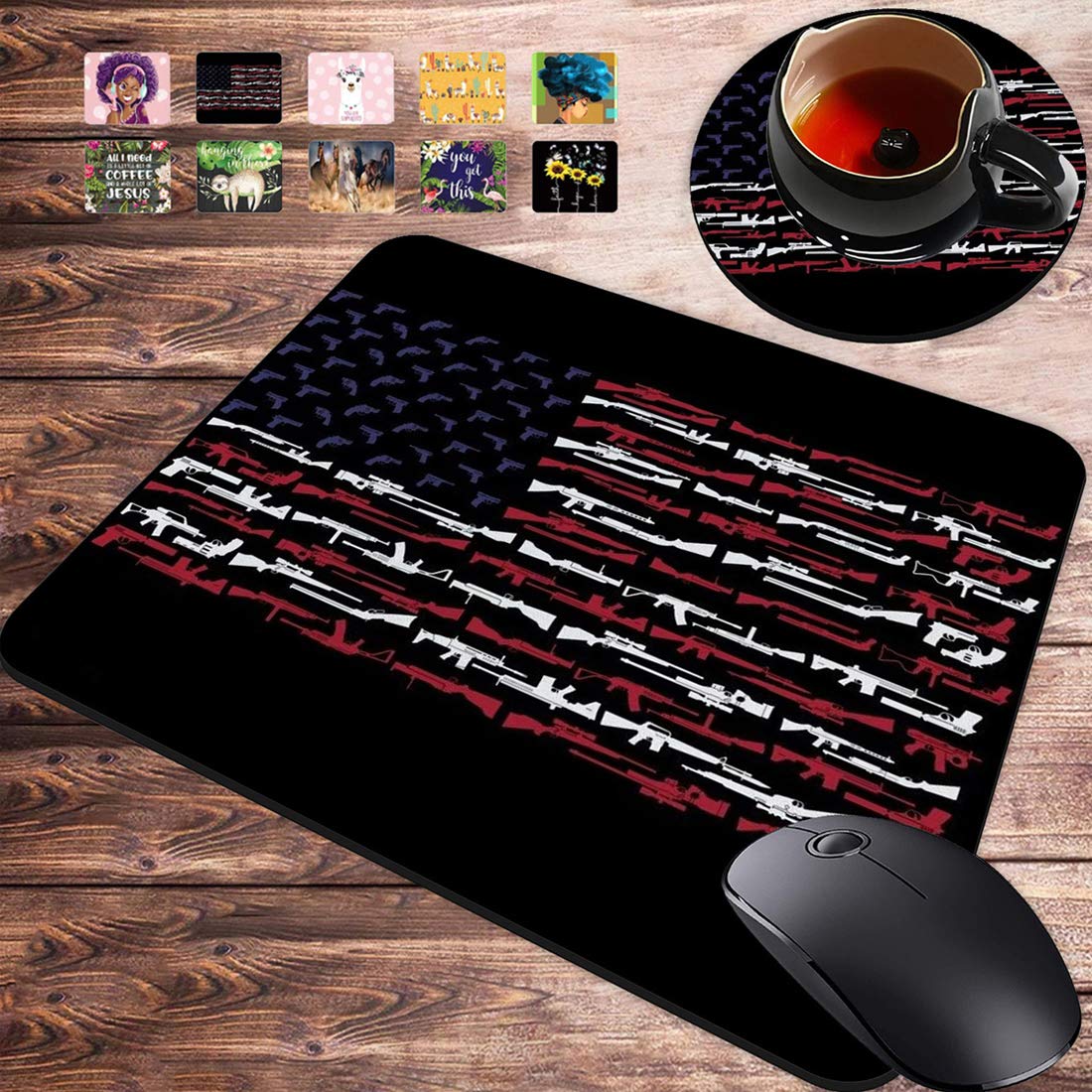 Non-Slip Rubber Gaming Mouse Pad & Coasters Set with American Gun Flag Design - Large Rectangle Mouse Mat for PC, Laptop, Office Work & Video Games - Perfect for Gamers, Programmers & Home Office Use