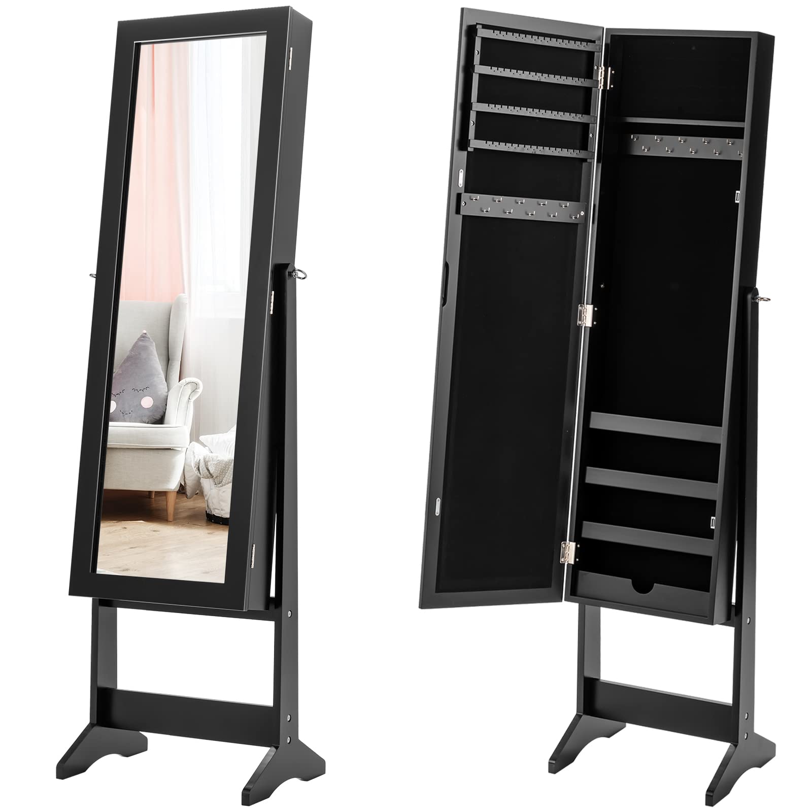 GOFLAME Jewelry Cabinet Organizer with Full Length Mirror Door - Freestanding Makeup Mirror Storage with Large Capacity for Necklaces, Rings & Accessories - Perfect for Bedroom, Closet & Dressing Room (Black)