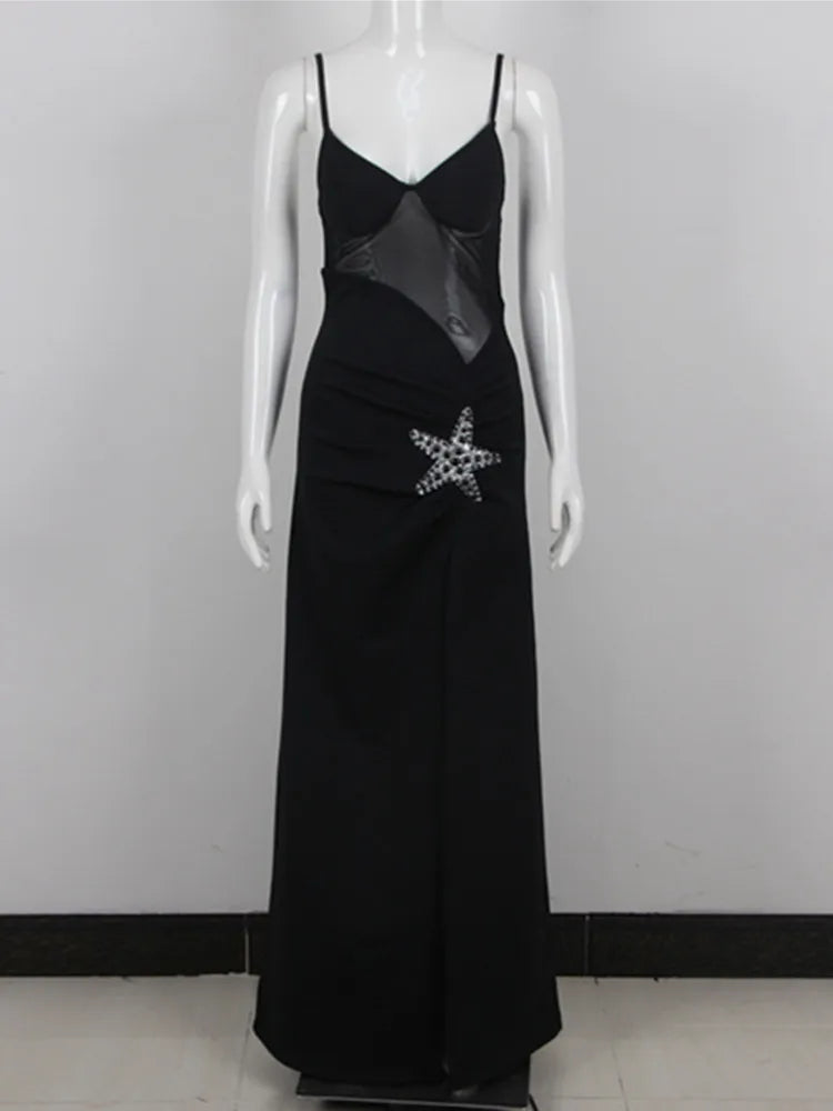 Sexy V-Neck Starfish Black Split Maxi Bandage Dress for Women | Elegant Evening Club Party Dress | Summer Fashion, Beach Wedding, Cocktail Night Out