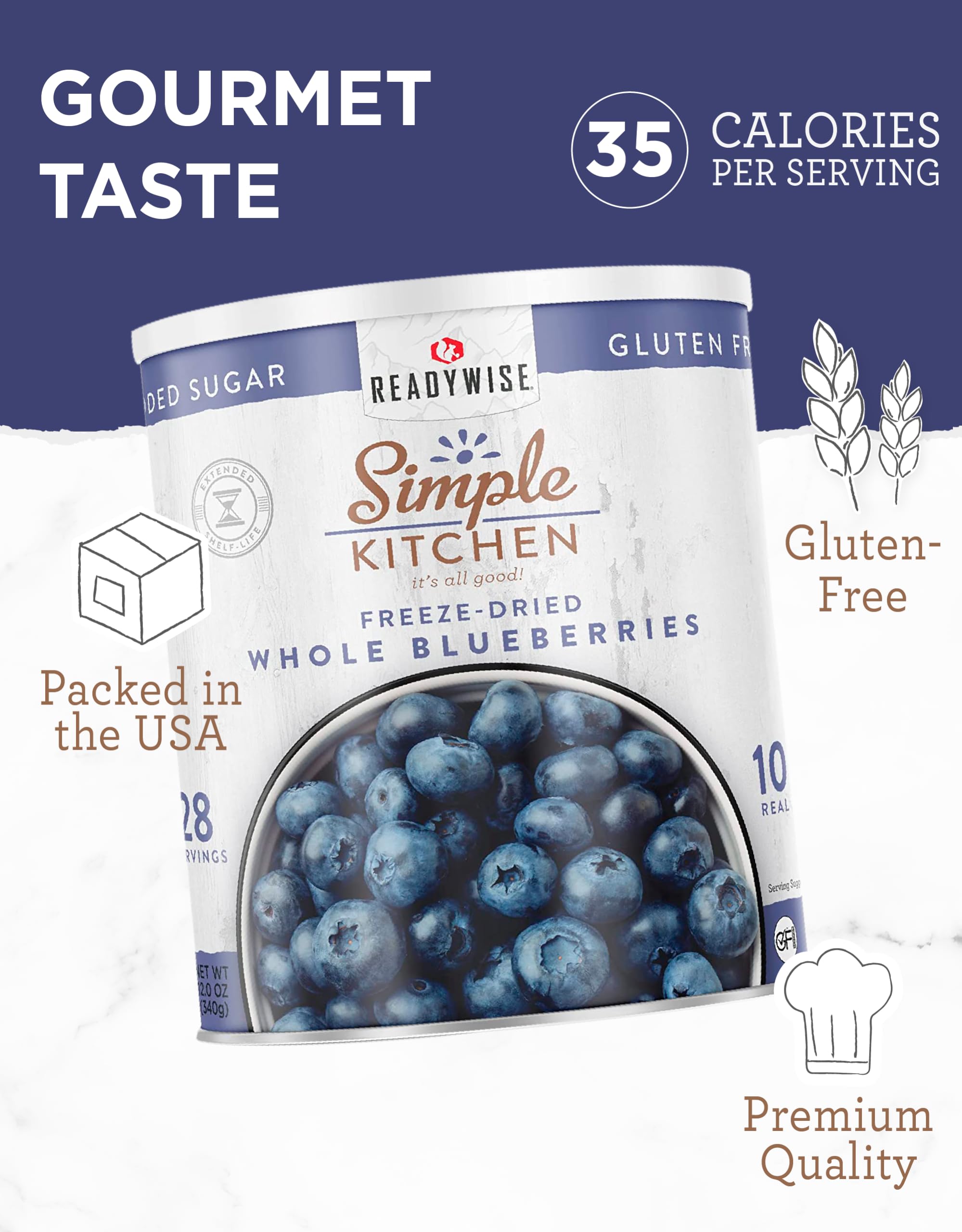 READYWISE Freeze Dried Whole Blueberries - 28 Servings, Vegan, Gluten Free, Non-GMO, Healthy Fruit Snacks for Hiking, Camping & Emergency Food Storage