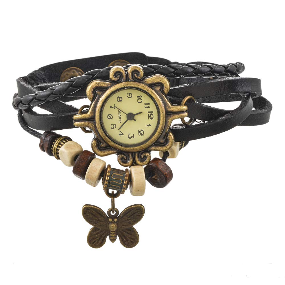 Souarts Genuine Leather Braided Strap Wrap Bracelet with Quartz Watch & Butterfly Charm - Elegant Women's Fashion Accessory for Casual Wear, Office, and Special Occasions