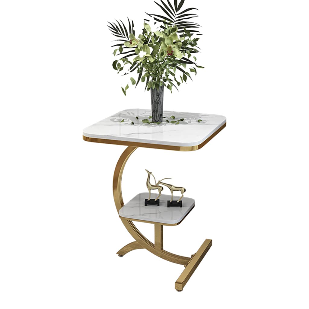 Luxury Marble 2-Tier Square End Table - White & Gold Accent Sofa Side Table, Nightstand for Living Room, Bedroom, Hotel | Modern Home Decor & Small Space Solution