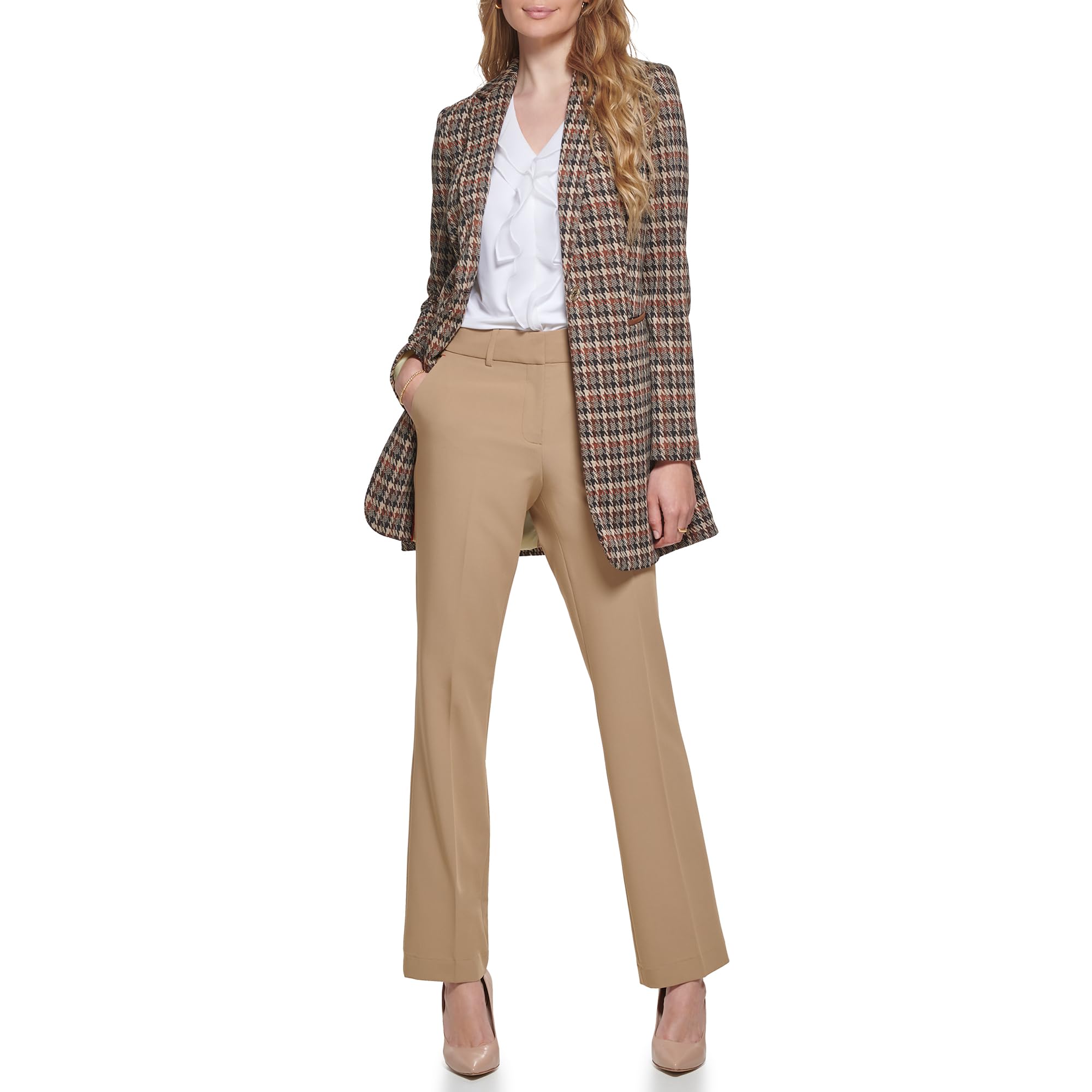 Tommy Hilfiger Women's Long Plaid Fitted Single Button Blazer Jacket - Stylish Office Wear & Business Casual Outfit for Professional Women