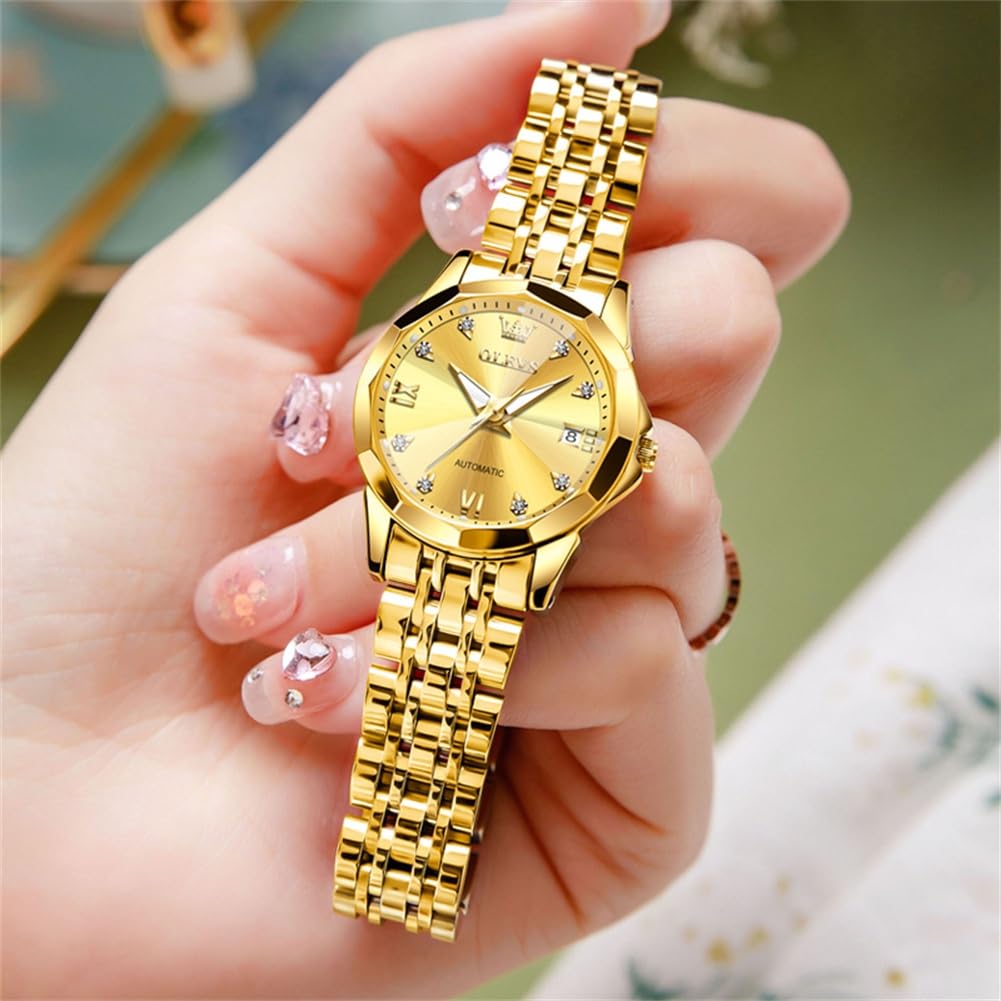 OLEVS Women's Automatic Diamond Watch - Stainless Steel Self-Winding Ladies Dress Wristwatch with Luminous Hands & Waterproof Design - Perfect for Business, Evening Events & Daily Wear