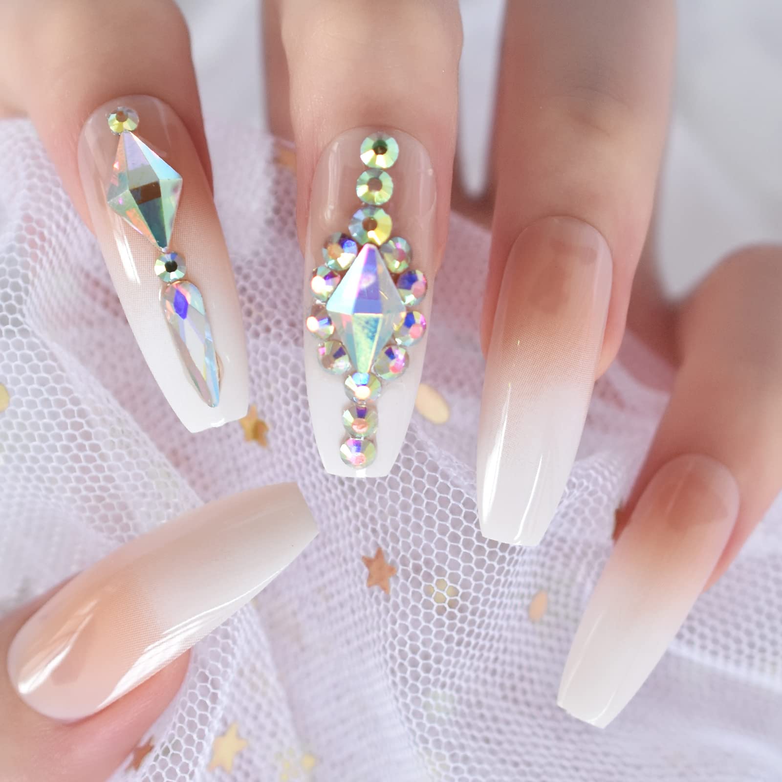 3D Bling Rhinestone Glitter Pink Nude Press on French Nails - Long Ballerina Coffin False Nails with Gradient Design - Natural Salon Manicure Reusable Fake Nails Art Tips for Parties, Weddings & Special Occasions
