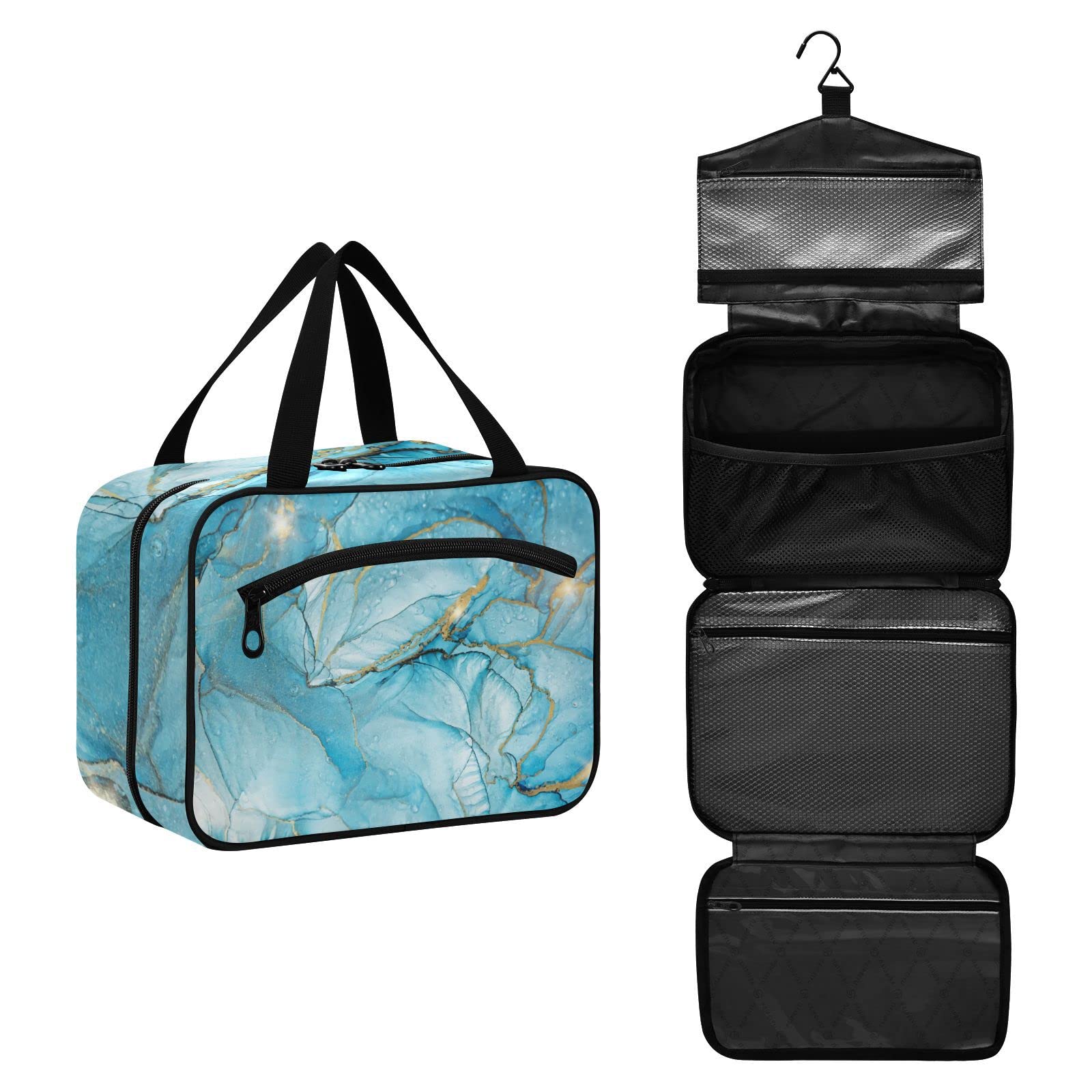 Floral Marble Travel Toiletry Bag for Women - Large Hanging Cosmetic Organizer with Hook - Perfect for Makeup, Skincare & Bathroom Storage | Ideal for Vacation, Gym & Business Trips