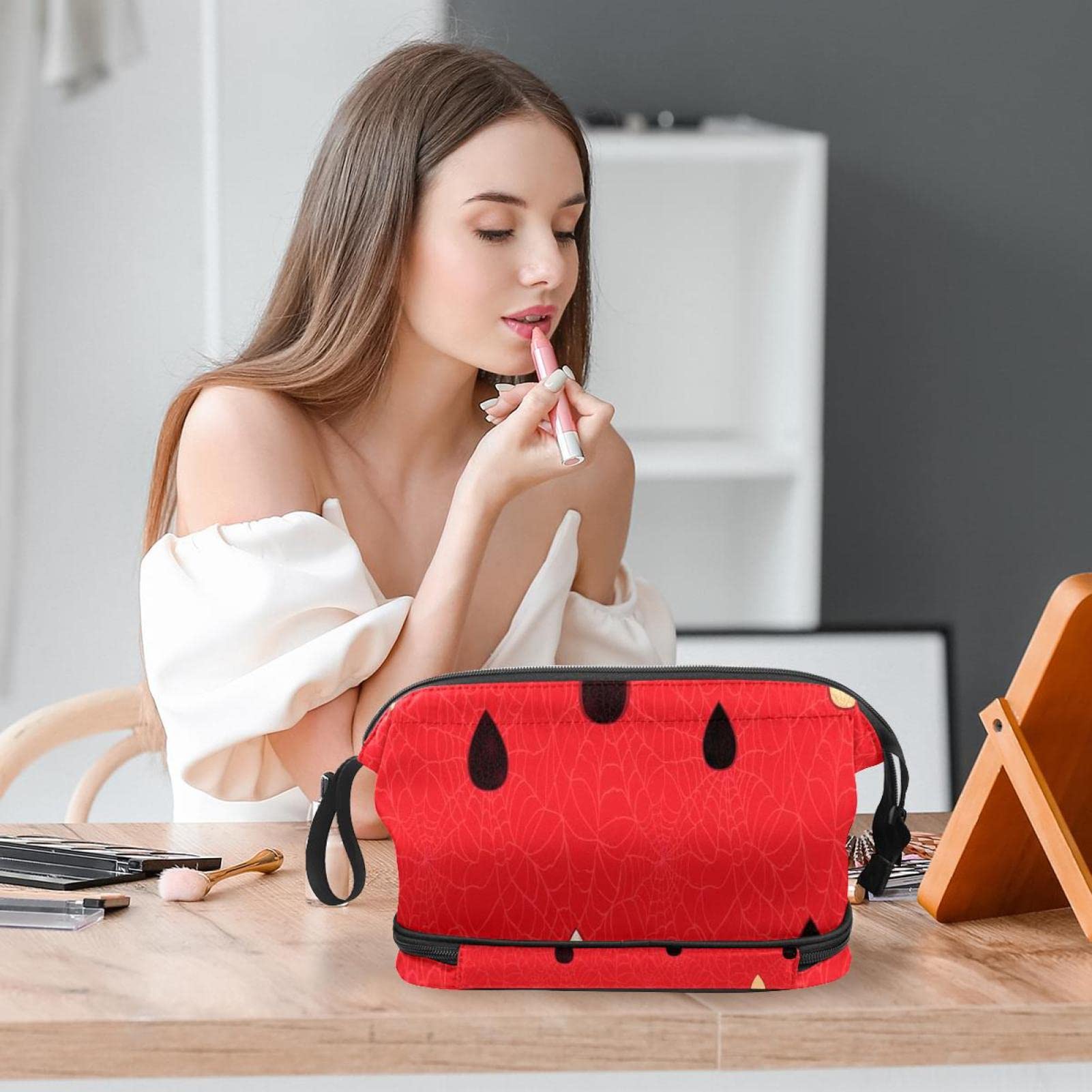 Large Travel Cosmetic Bag for Women - Watermelon Pattern Makeup Organizer, Red Fruit Design Toiletry Pouch | Perfect for Vacation, Gym, Business Trips & Daily Use