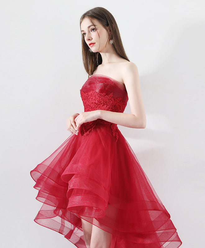 Elegant Burgundy Tulle Lace High-Low Prom Dress with Lace Details - Perfect for Homecoming, Prom Night & Special Occasions