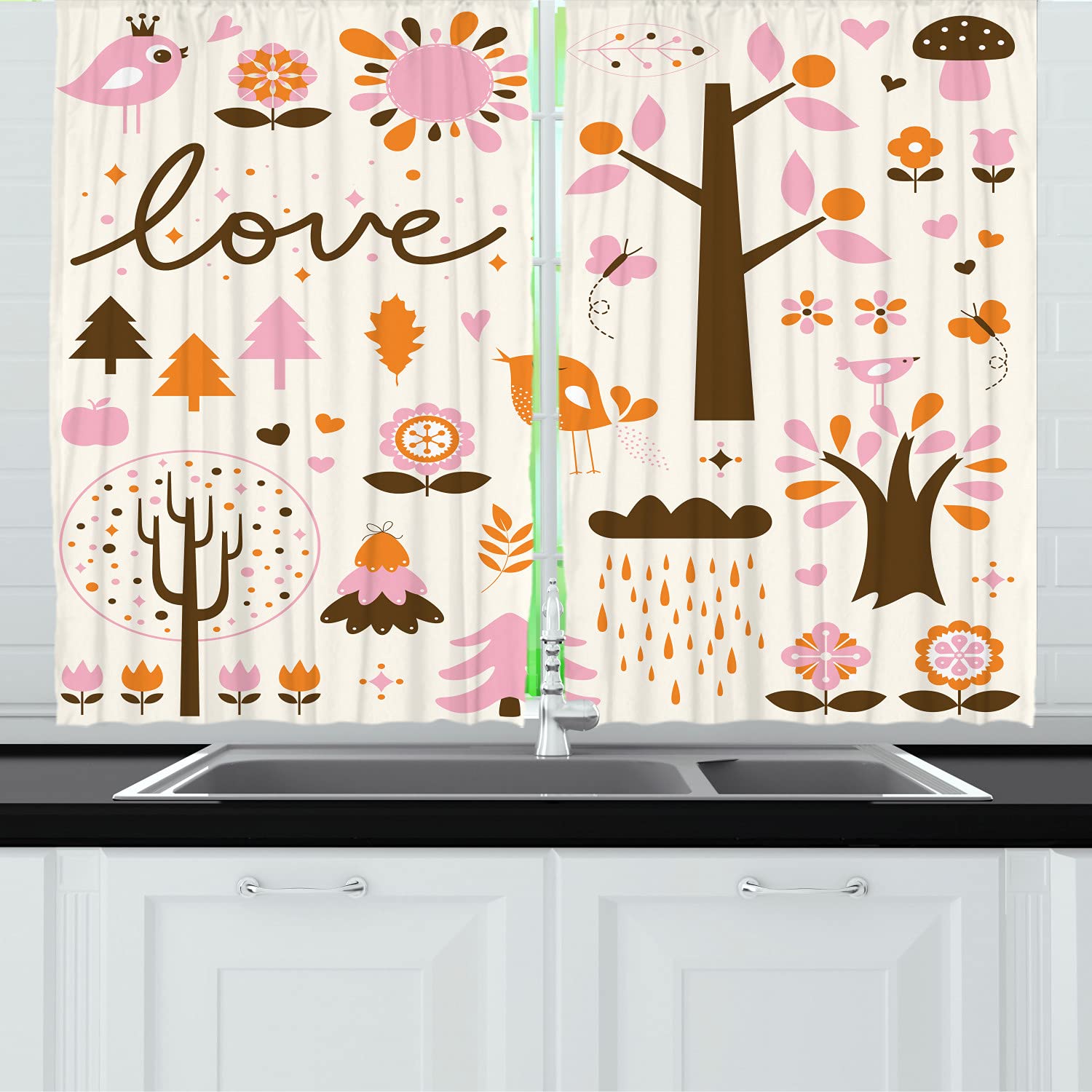 Vintage Mushroom Kitchen Curtains - Forest Animals & Birds Design, 2 Panel Rod Pocket Drapes 55x45 Inches, White Chocolate Blush - Perfect for Farmhouse, Cottage & Rustic Home Decor
