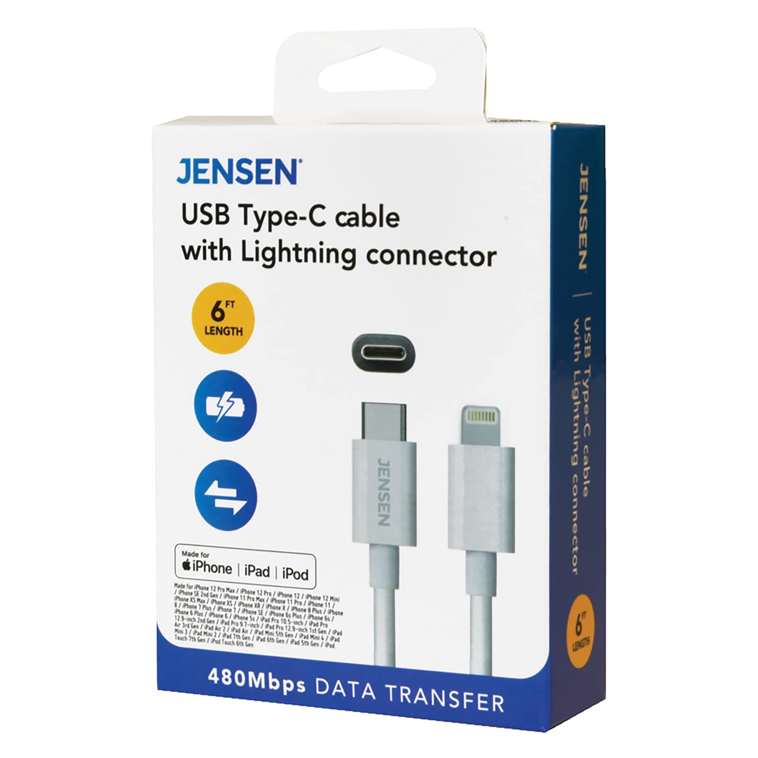 JENSEN 6ft USB-C to Lightning Cable Fast Charging Cord - MFi Certified for iPhone 14/13/12/11/X/8 - Durable Nylon Braided White Charger Cable for Home, Office & Travel