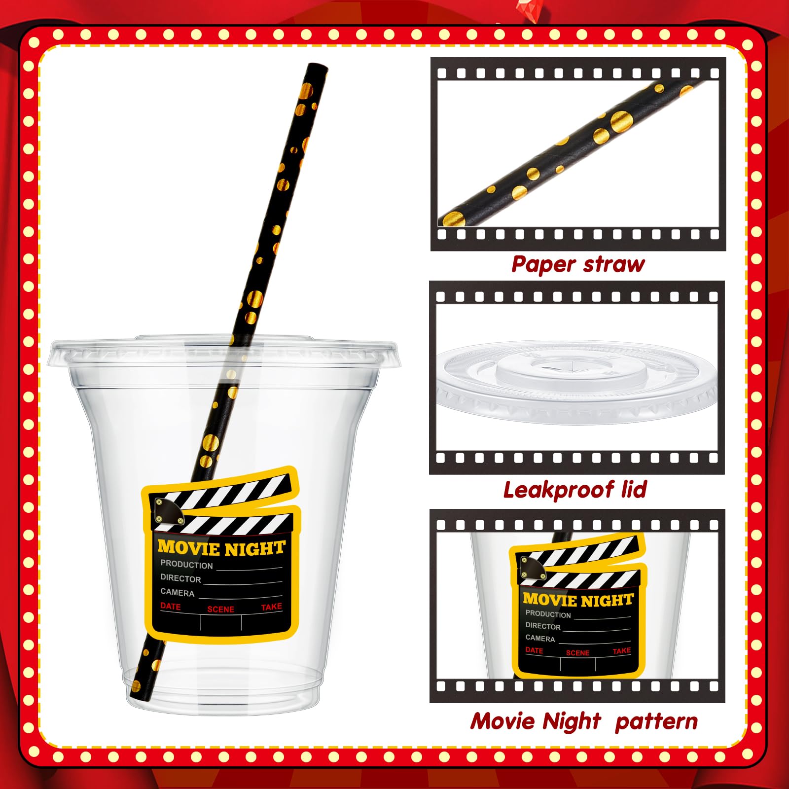 60 Pcs 14oz Clear Plastic Cups with Lids & Straws - Disposable Movie Night Party Supplies for Home Theater, Outdoor Cinema, Birthday Favors and Family Gatherings