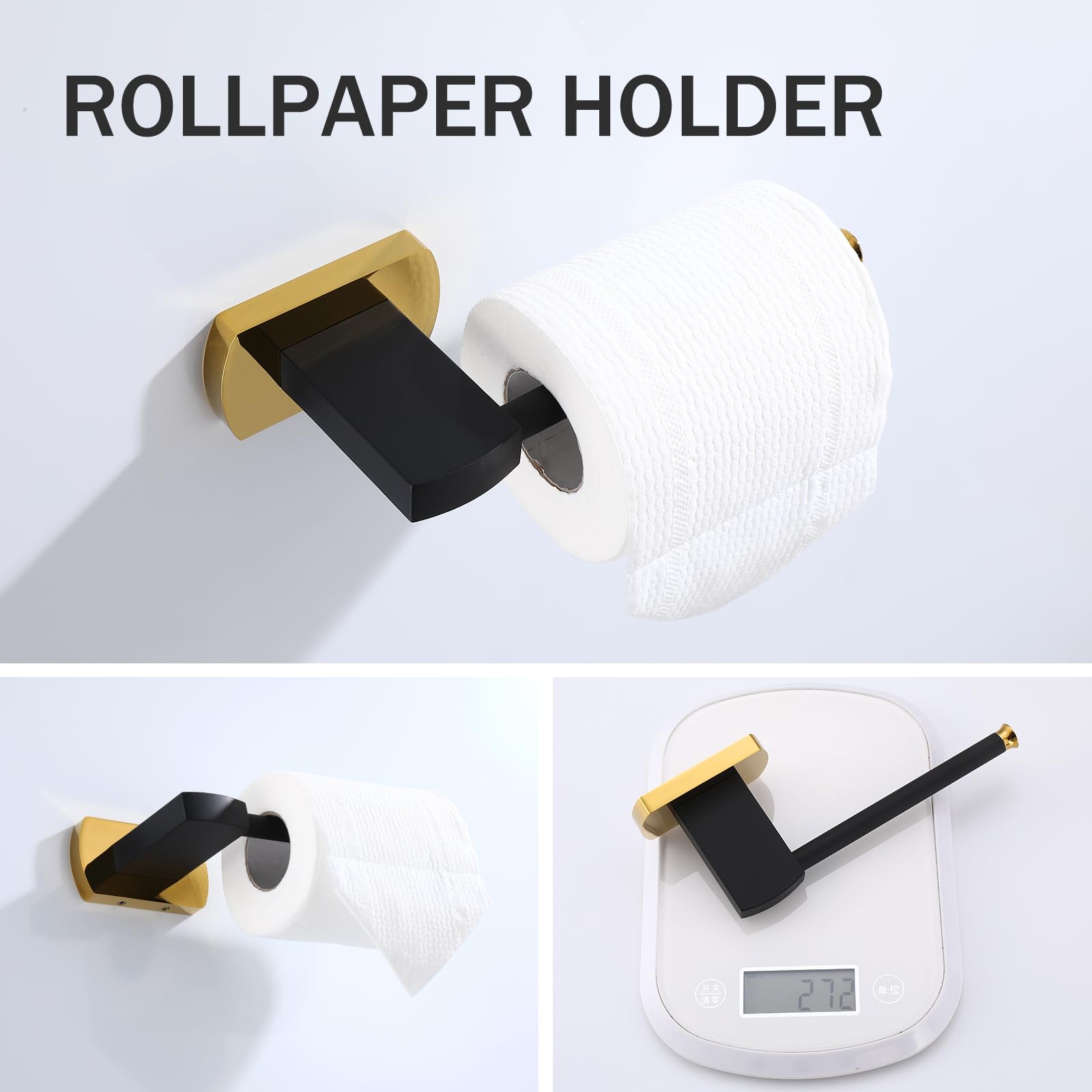 Premium 3-Piece Bathroom Hardware Set - Matte Black Zinc Alloy Towel Holder, Toilet Paper Stand & Wall-Mounted Ring with Gold Accents | Modern Bathroom Accessories for Home & Hotel Decor | Rust-Resistant & Easy Installation